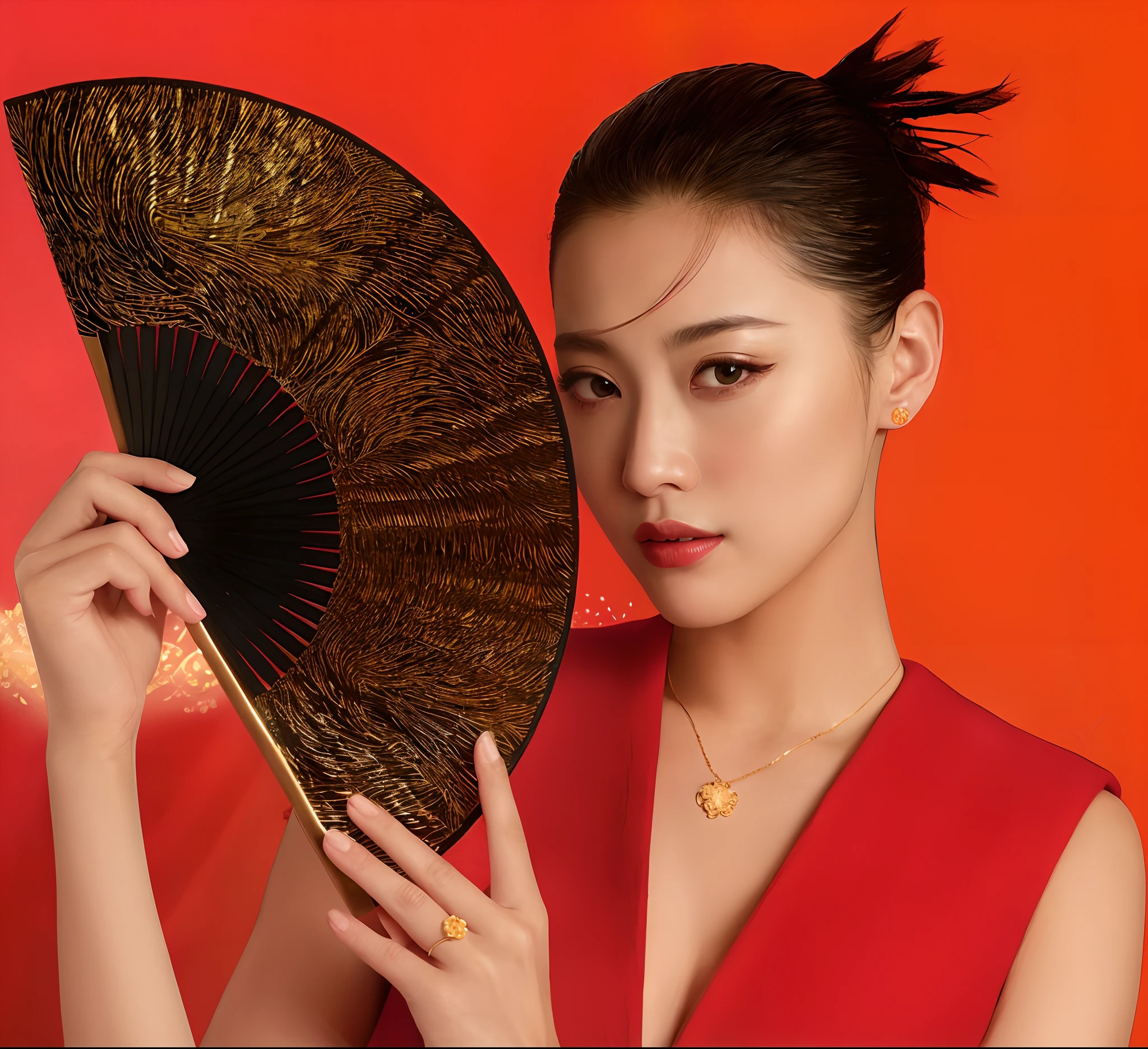 The painting depicts a stunning Arabian woman in a vibrant red dress, holding a delicate fan in one hand and wearing a beautiful necklace. Inspired by the works of Zhou Fang, Xie Sun, Zhang Yin, Gong Xian, Tang Di, Shang Xi, and Yao Tingmei, this artwork captures the essence of Chinese empress-like beauty. The woman exudes elegance with her regal aura, reminiscent of the grace and majesty of Huang Ji and Gong Li. The composition is influenced by the iconic presence of Mizuhara Kiko. The scene is set in a lush garden, with cherry blossom trees in full bloom, casting a soft, romantic atmosphere. The colors in the painting are rich and vibrant, with a focus on deep reds and gold accents, imparting a sense of luxury and opulence. The lighting is ethereal, with warm sunlight gently illuminating the woman's face, creating a captivating glow. The level of detail in this masterpiece is incredibly high, capturing every intricate feature with precision and accuracy. The technique used in creating this artwork is a combination of realistic and photorealistic, resulting in a visually striking piece with a sense of both reality and artistic interpretation. PNG