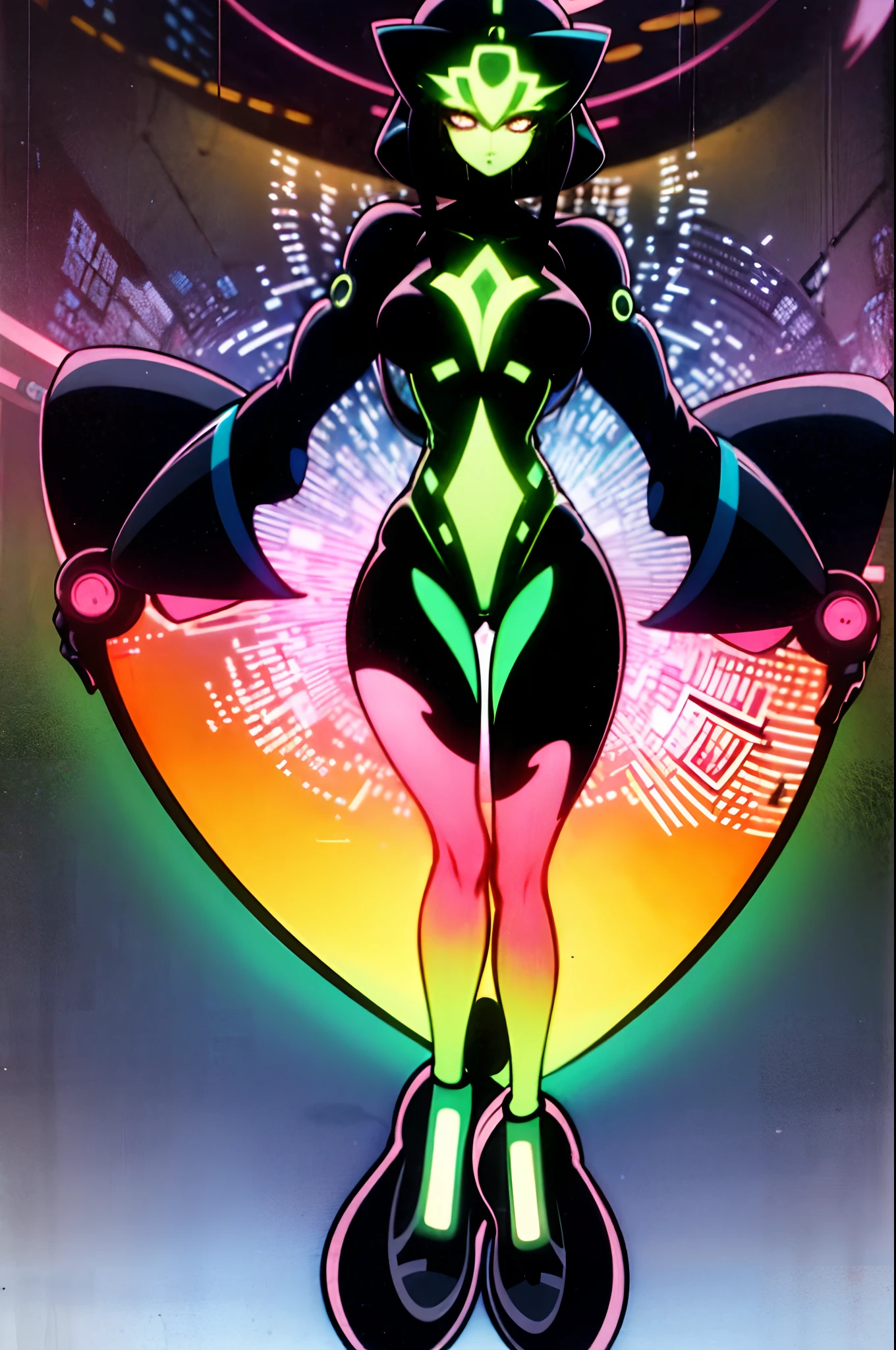 holographic woman, holography, in the style of interference patterns, full body, hourglass figure, plumb ass, thick thighs, thin waist, free-flowing lines, in the style of neon-infused digitalism, electronic woman, in the style of neon-infused digitalism, psychedelic figuration, simple background, microfilm