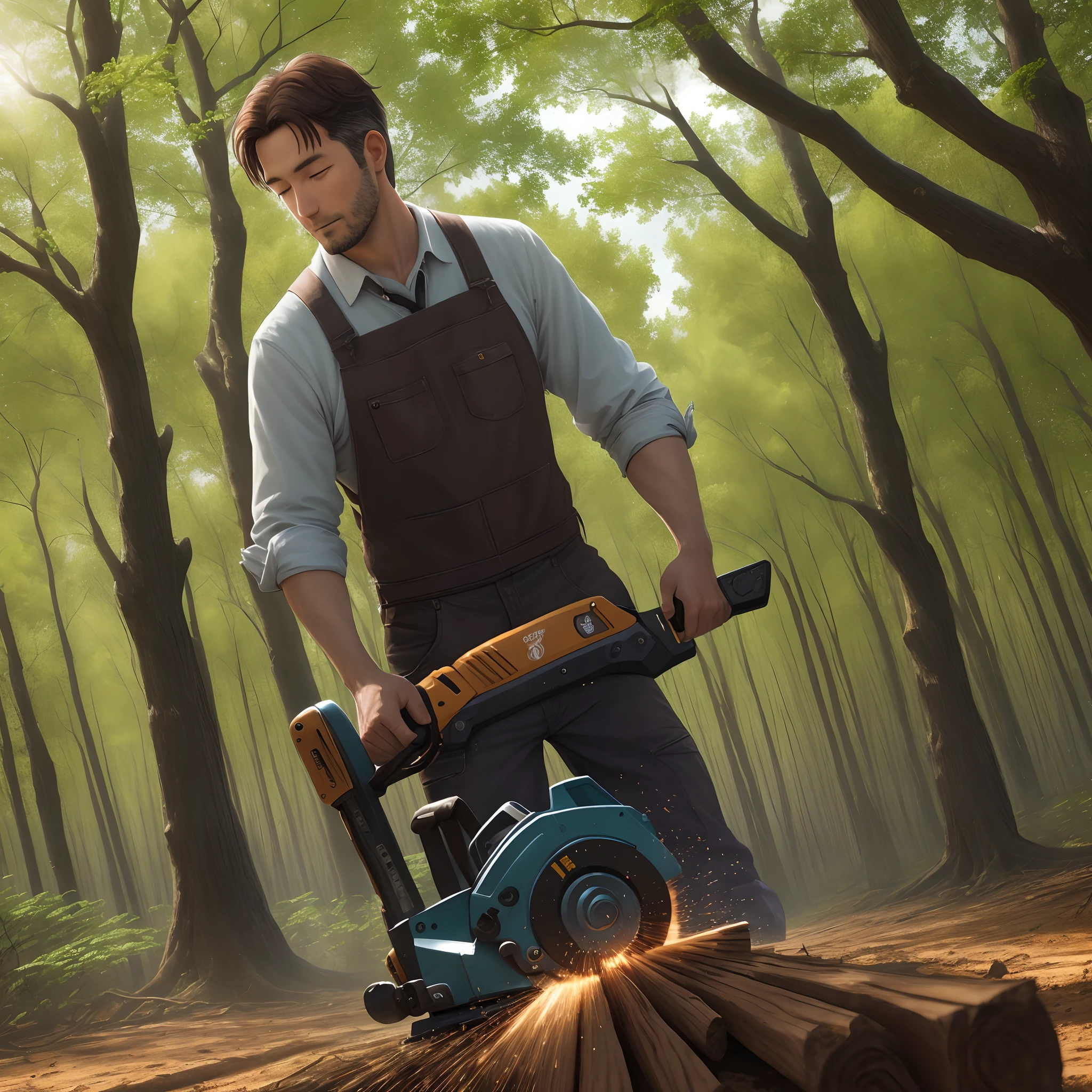 A man saws trees