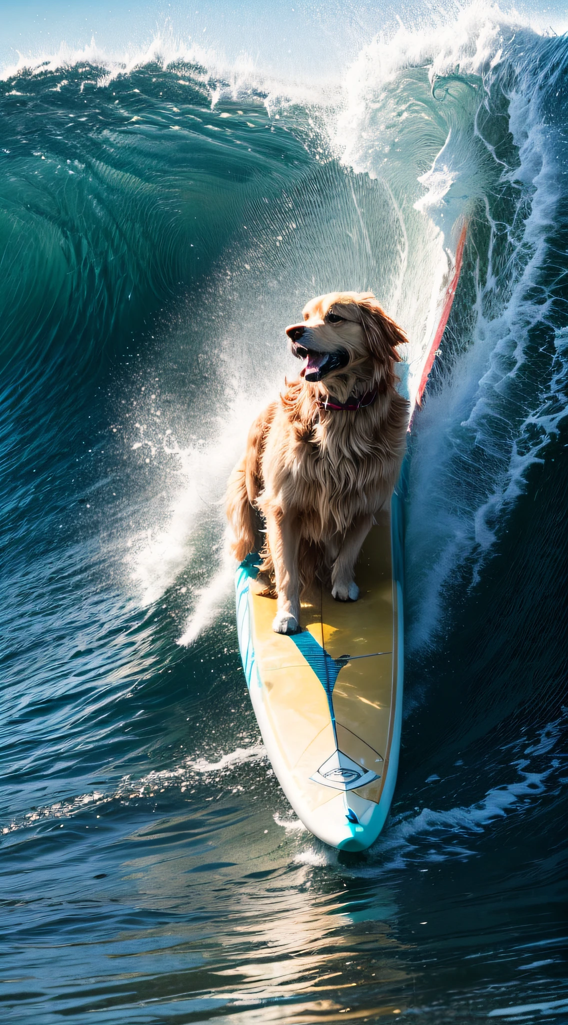 close up photo of a golden retriever surfing in the ocean, waves, a dynamic background