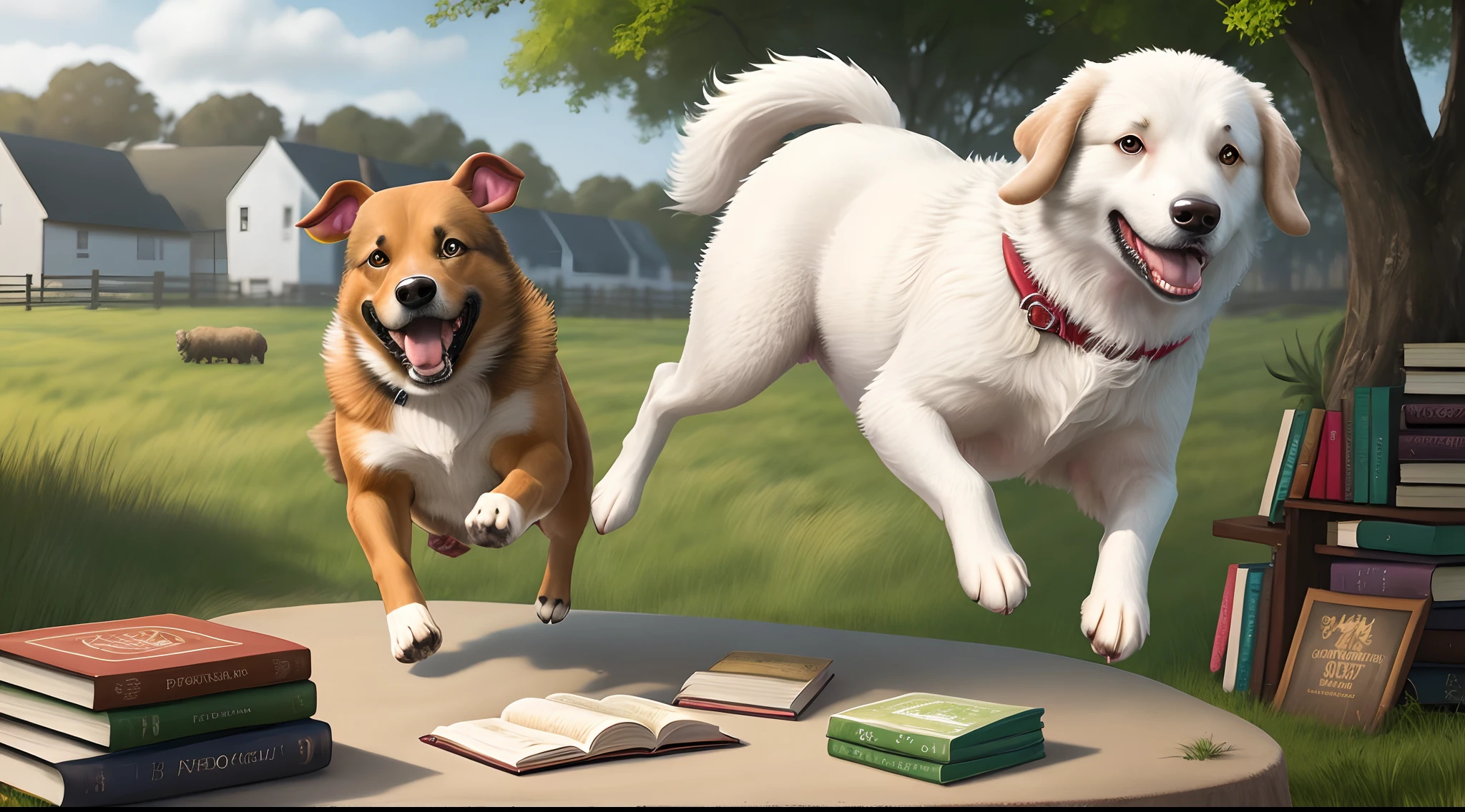 An aussie dog leaping over a table of drugs and books, into an irish prairie full of sheep