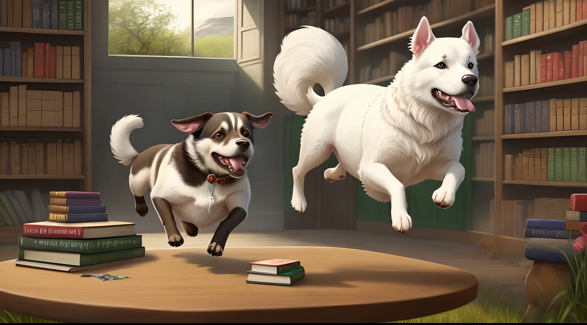 An aussie dog leaping over a table of drugs and books, into an irish prairie full of sheep