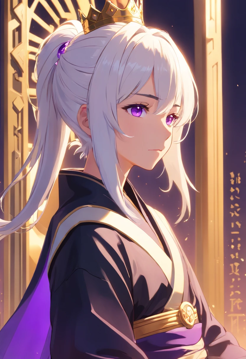 A white-haired boy with a high ponytail,There are purple eyes on one side,On the other side are golden eyes, Sit on the throne,Wearing a crown on the head,Dressed in black and gold robes。