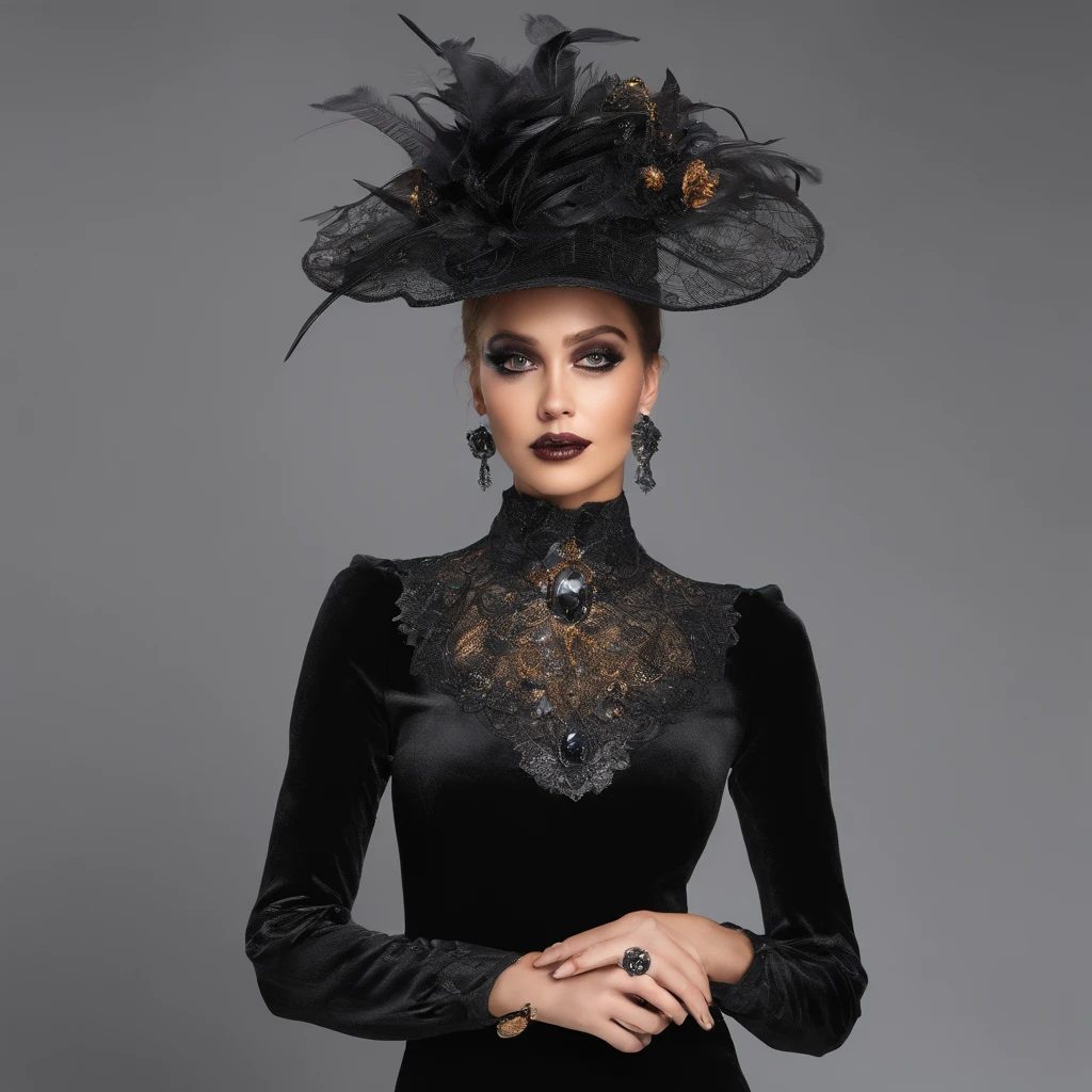 A Halloween-themed hat,Luxurious,Halloween colors,(On the model),sparkling gemstones,feather-adorned,(In the boutique),(luxury brand),vibrant hues,elegant,Eye-catching,Decorated with skulls and spiders,Gold accents,Lace trim,(Velvet fabric),Sparkling sequins,Dramatic,Personalized pieces,magical,Enchanted,attention-grabbing,Artistic,Holiday touch,Strong presence.((Best quality,Masterpiece:1.2,photo-realistic:1.37,Halloween:1.2))