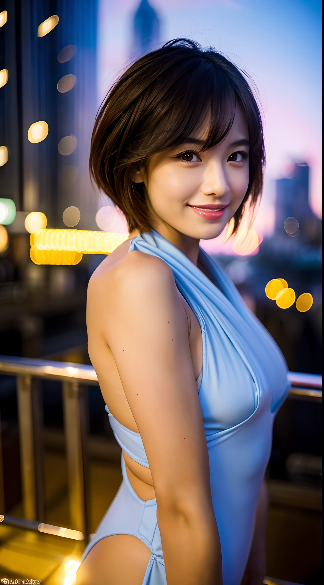 ((full bodyesbian))、(((leotard)))、(((In the city at dusk)))、((1人))、((short-hair))、((A sexy))、((Cute Beautiful Girl))、((A slight smil))、((Glamour))、Photorealsitic、Beautiful detailed eyes、Hyper-Realism、highcontrast、Ultra HD、realistic skin textures、Top image quality、top-quality、超A high resolution、Fine details、Very meticulously