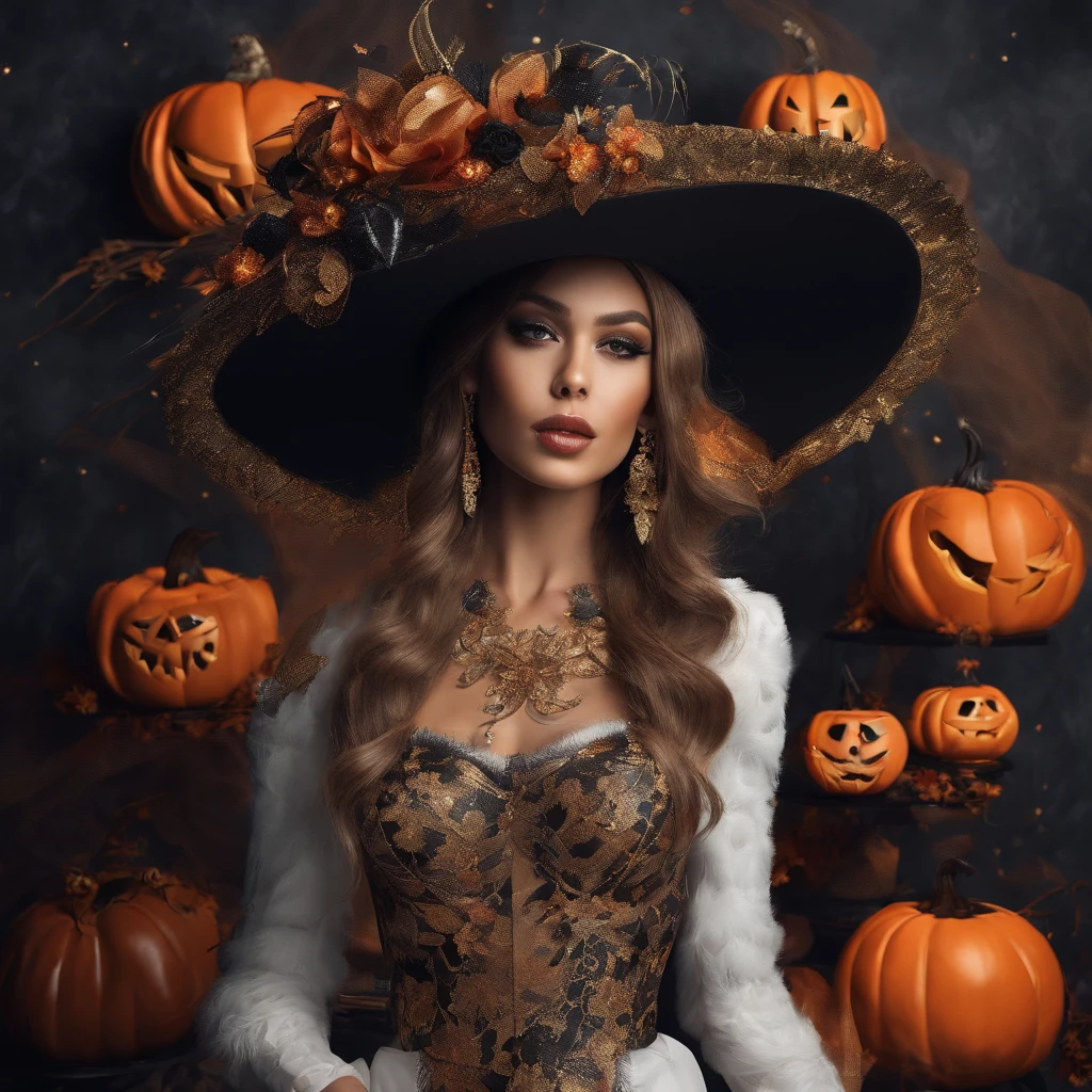 A Halloween-themed hat,Luxurious,Halloween colors,(On the model),sparkling gemstones,feather-adorned,(In the boutique),(luxury brand),vibrant hues,elegant,Eye-catching,Decorated with skulls and spiders,Gold accents,Lace trim,(Velvet fabric),Sparkling sequins,Dramatic,(pumpkins),Personalized pieces,magical,Enchanted,attention-grabbing,Artistic,Holiday touch,Strong presence.((Best quality,Masterpiece:1.2,photo-realistic:1.37,Halloween:1.2))