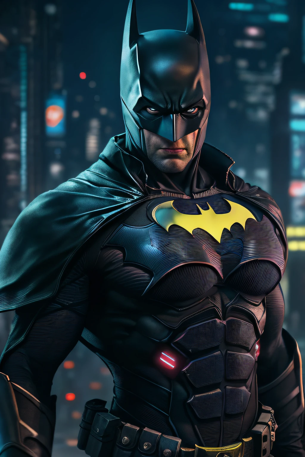 Batman , (top-quality、8K、32K、​masterpiece、)、(The ultra -The high-definition)、(Photorealsitic:1.4)、Raw photography,Perfect eyes,Charming perfect figure,actionpose:1.2,Detailed cyberpunk fashion、World of Cyberpunk,depth of fields,blurry backround,、