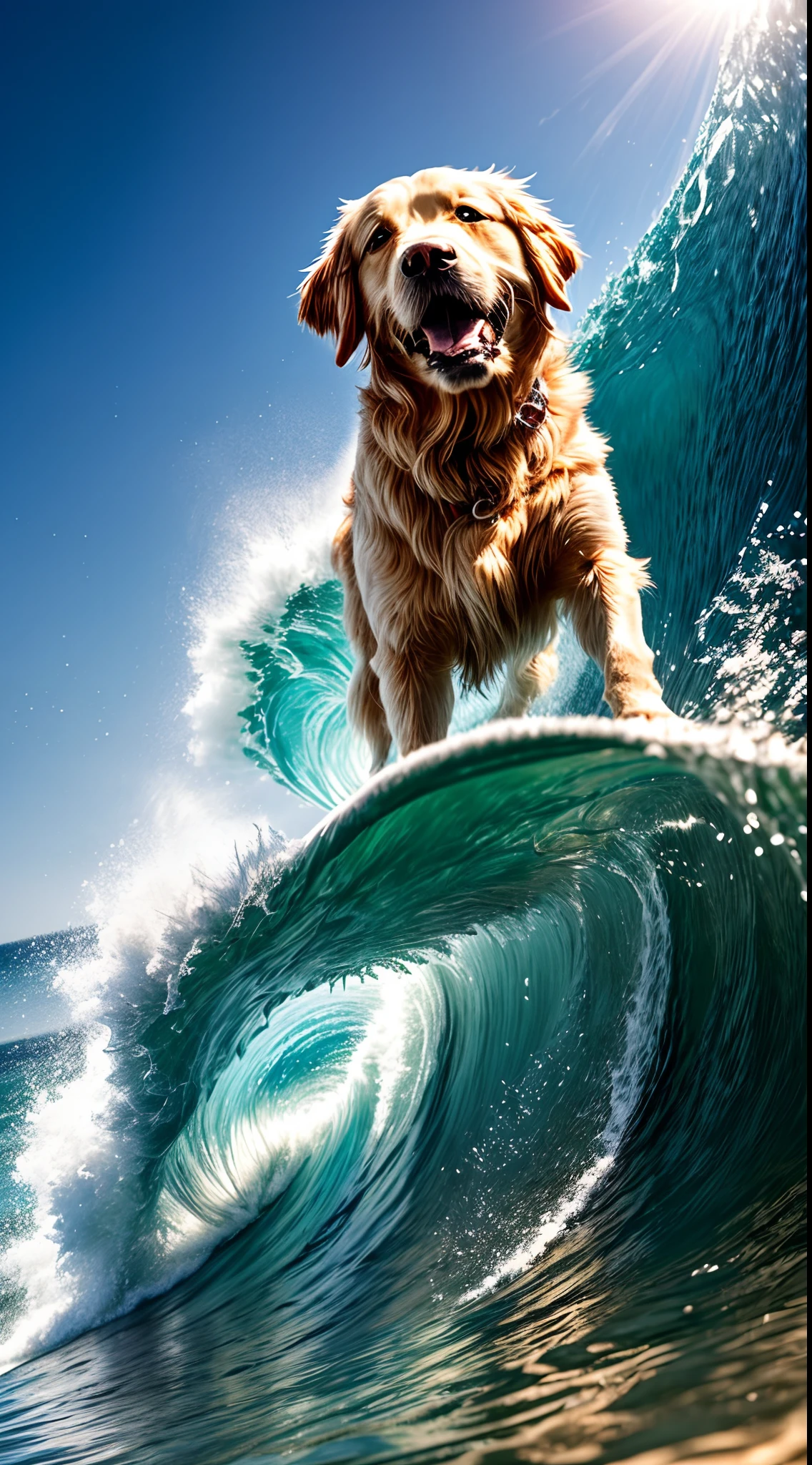 close up photo of a golden retriever surfing in the ocean, waves, a dynamic background
