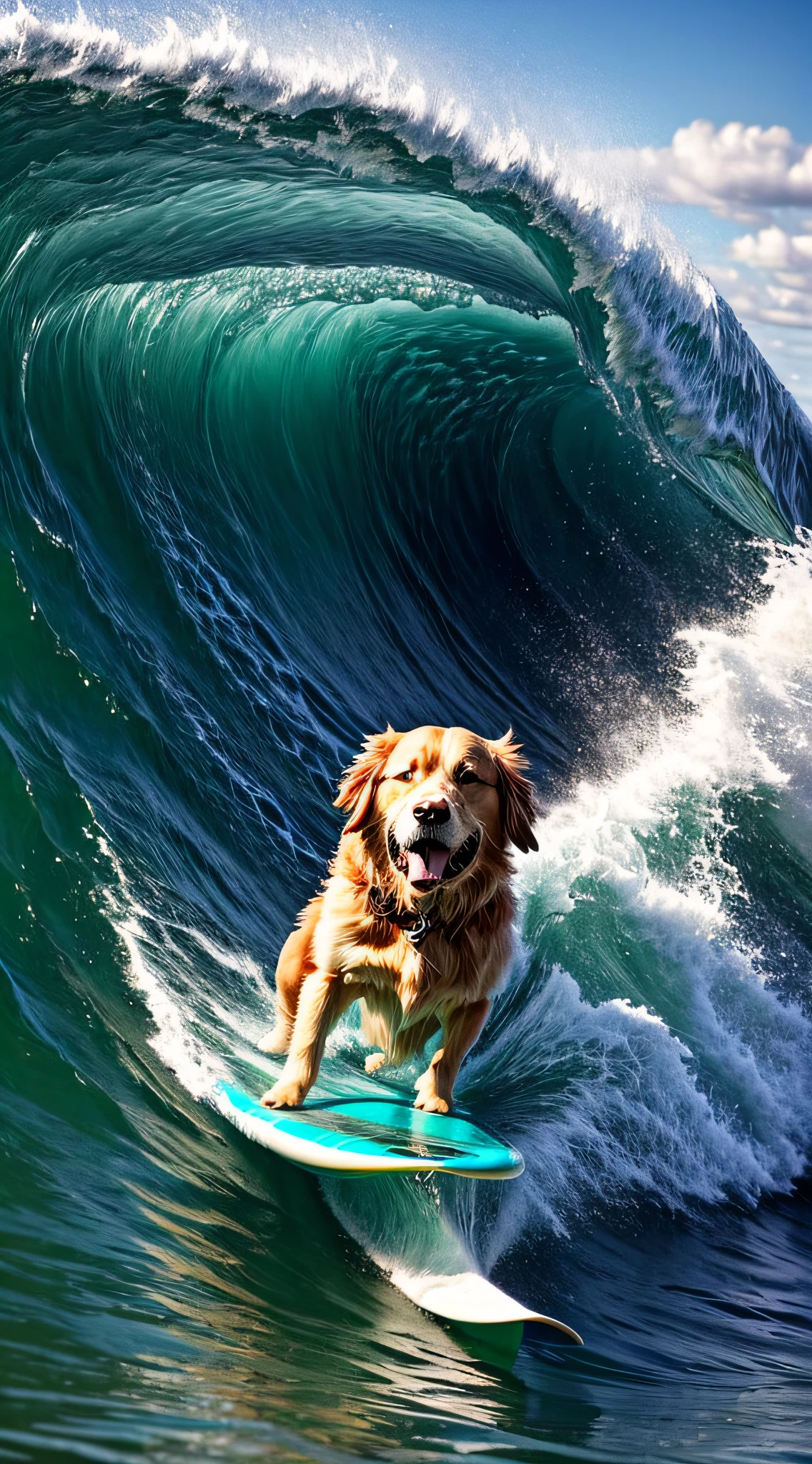close up photo of a golden retriever surfing in the ocean, waves, a dynamic background