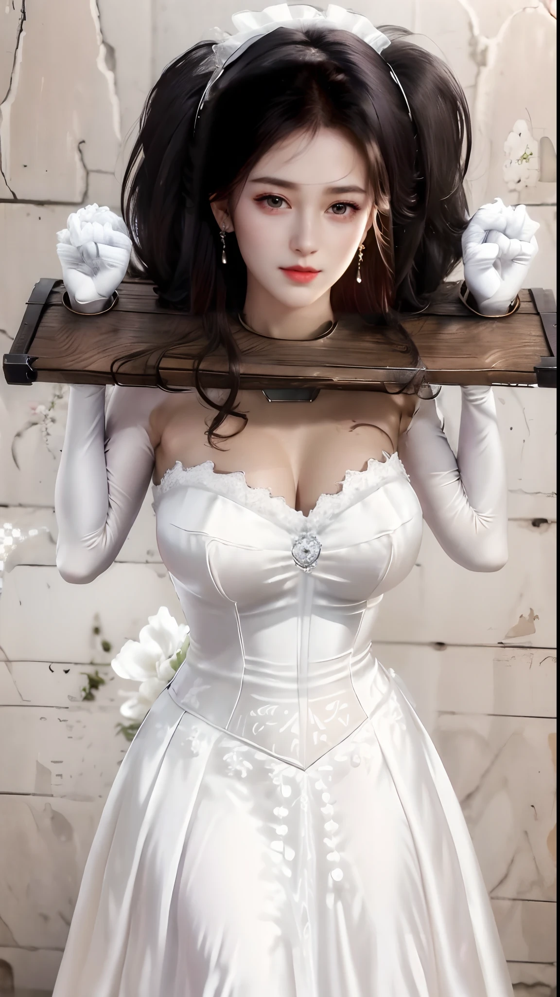 Close-up of a beautiful bride in a beautiful wedding dress, Gurvetz,( pillory:1.5), Flail on the head, Flail on the hands, Flail,(Bridal veil: 1.5), (Short transparent veil: 1.5), Flushed face, Head flower, head gear, (Tubular wedding dress: 1.5), (Silk dress: 1.2 ), (Strapless wedding dress: 1.5), Pure white dress, necklace, Earrings, (Huge breasts: 1.3), Deep V heart collar wedding dress, bangs, lipstick, (Lace gloves: 1.3), Full body photo, High detail RAW color art, a white long skirt, Whole body, with hands behind her back, and floor-length skirts,