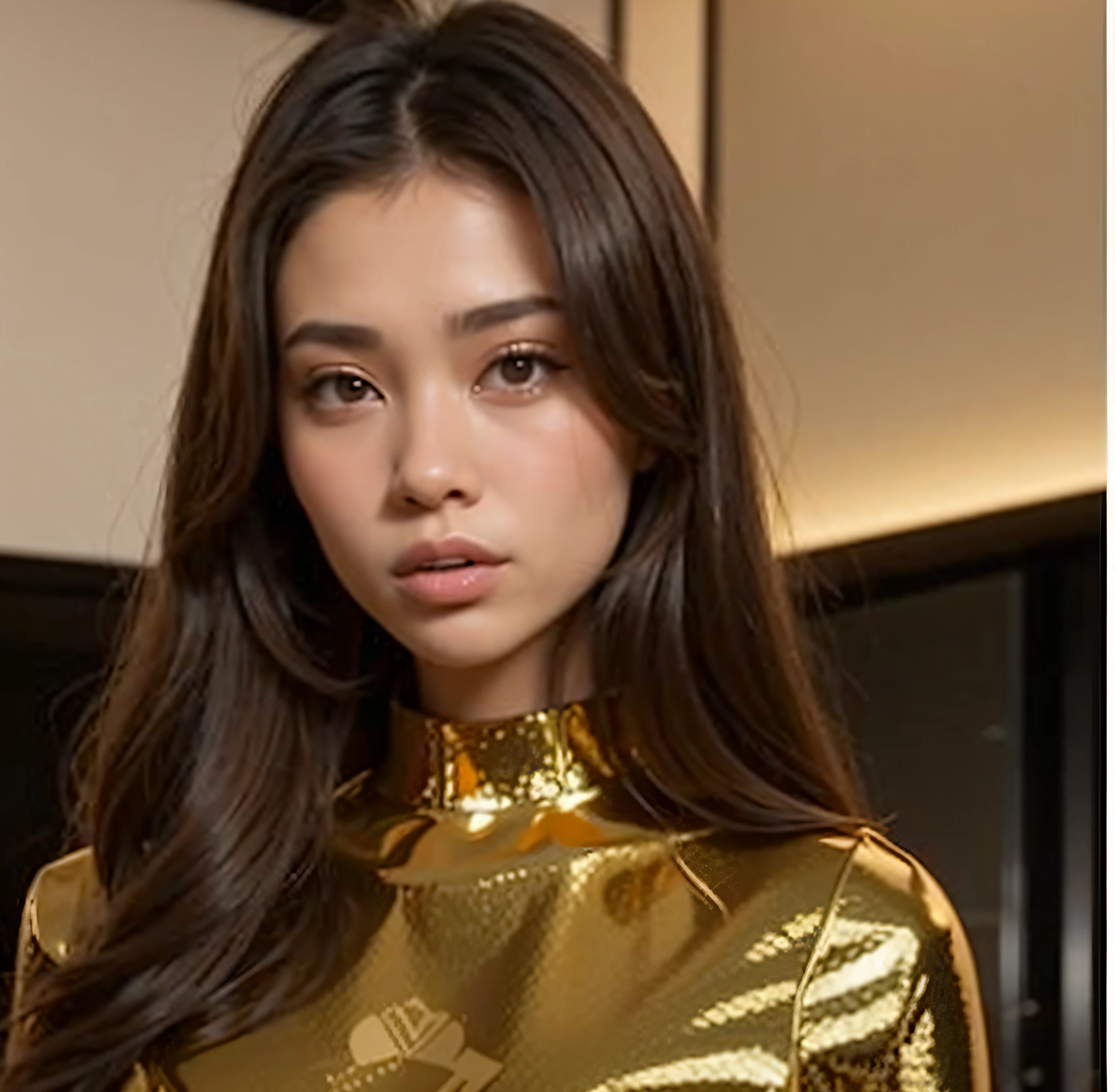 frontal face picture, profile picture,a close up of a woman in a gold top posing for a picture, portrait sophie mudd, shiny gold, pokimane, julia gorokhova, bella poarch, hailee steinfeld, madison beer, japanese model, xision wu, madison beer girl portrait, cindy avelino, korean artist, gongbi, gemma chen, louise zhang