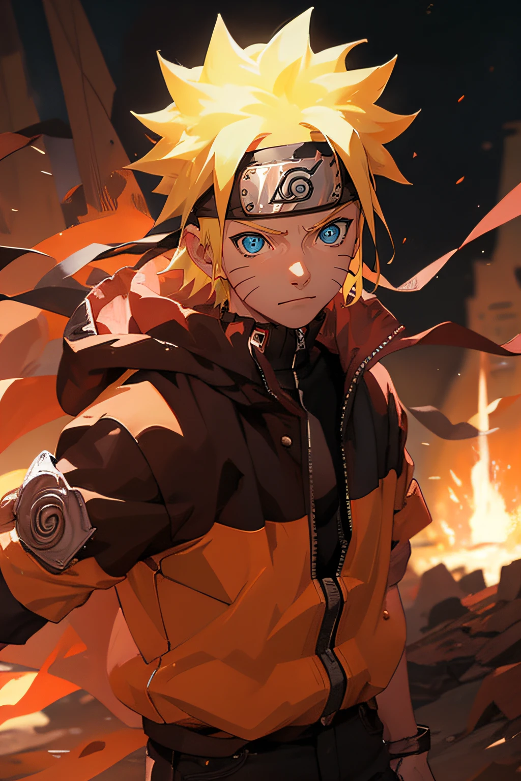 portrait, neon, 1 boy, shonen style, spiky blonde hair, scratches on cheeks, black and red clothing, leather jacket, jeans, boots, bandana, cool, blue eyes, full body, color --name Naruto Uzumaki --desert background with pyramids and camels