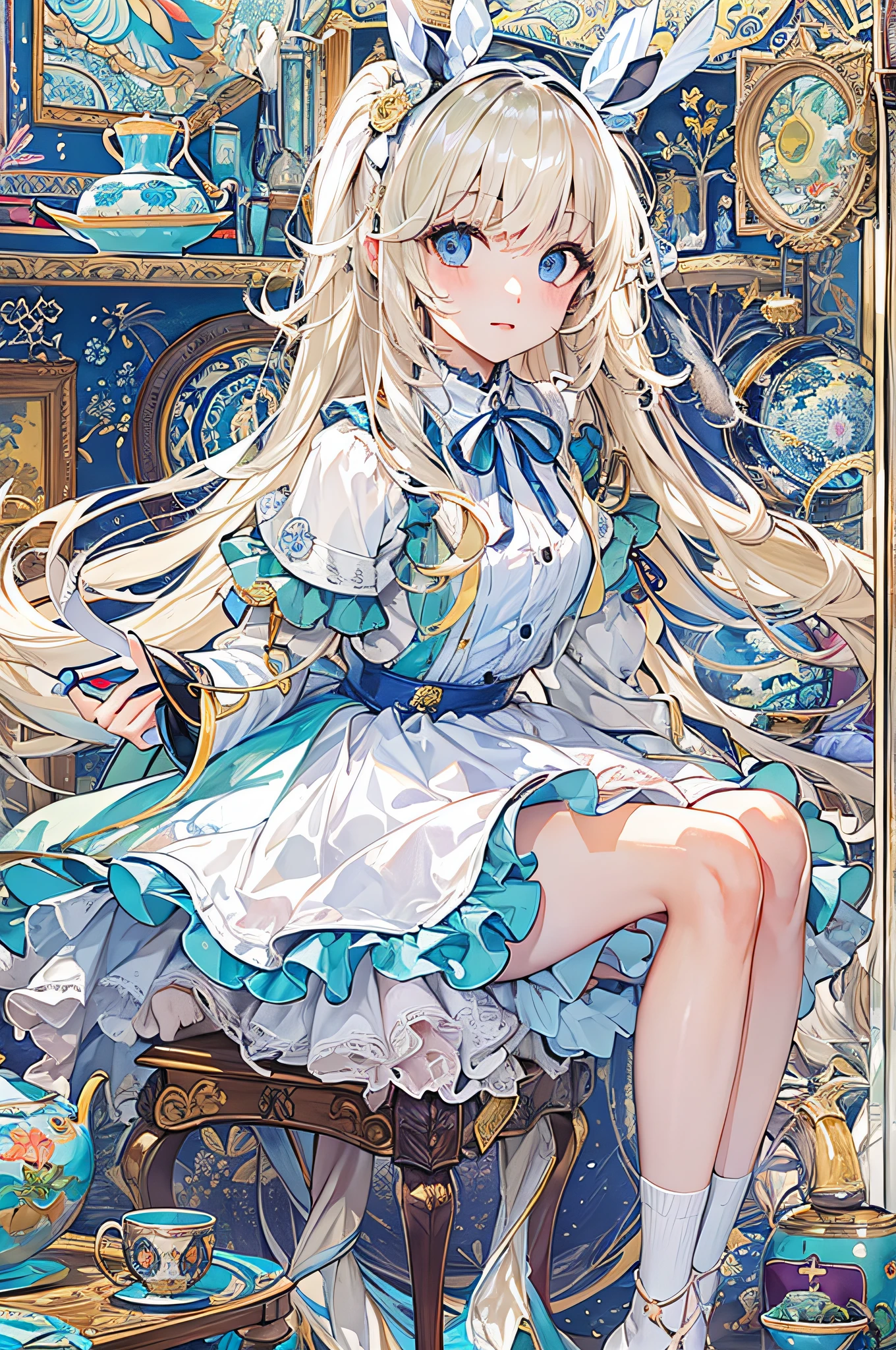 (masuter piece、top-quality、Mystical、Beautifully Aesthetic、offcial art、Impresionismo、von gogh:1.2)、(1 girl in:1.3)、(Fractal Art:1.4)、shinny skin、patterns、(alice in the wonderland:1.2)、(bunny rabbit、Siamese cat、PlayingCards、tea cup、pocket watch:0.8)、Tie your hair with a ribbon、Blue Dress、a miniskirt、beauty legs、White Apron、white sock、platinum-blonde、Blue eyes、Exotic wallpapers、highly colorful、Abstract background、Fantastical