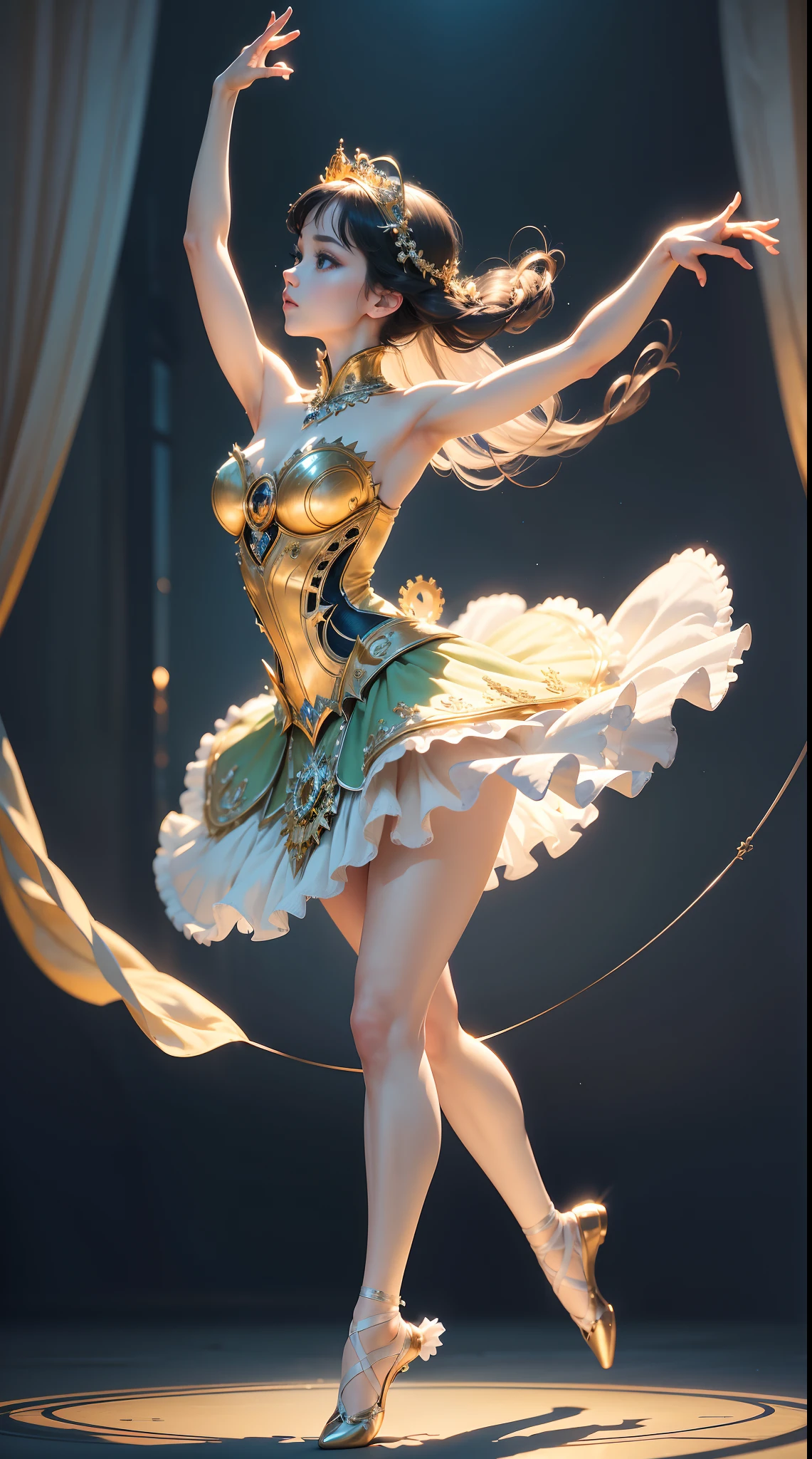 (Best quality,4K,8K,A high resolution,Masterpiece:1.2),Ultra-detailed,Mechanical ballet dancer,Classical ballet performance,Mechanical limbs,Beautiful ballet movements,Precise pointe work,Elegant tutu and ballet slippers,Soft and flowing tutu,Ethereal atmosphere,Magical stage lighting,Vivid colors,Sparkling tiara,Airborne ballet dancers,Superb mechanical joint movement,Dance in a surreal garden,Rotate spin,Breathtaking arabesque,Elegant leapfrog development,Light jump,Enchanted expression,Decorated stage with gears and gears,Mechanical wings,A calm and delicate posture,Elaborate gears,Precise synchronization of movements,Smooth and seamless transitions between dance sequences,Mesmerizing and captivating performances,Ethereal musical accompaniment,A mechanical marvel in motion,Mesmerizing pointe technique,Floating and weightless movements,Delicate and precise footwork,Exquisite balance and control.