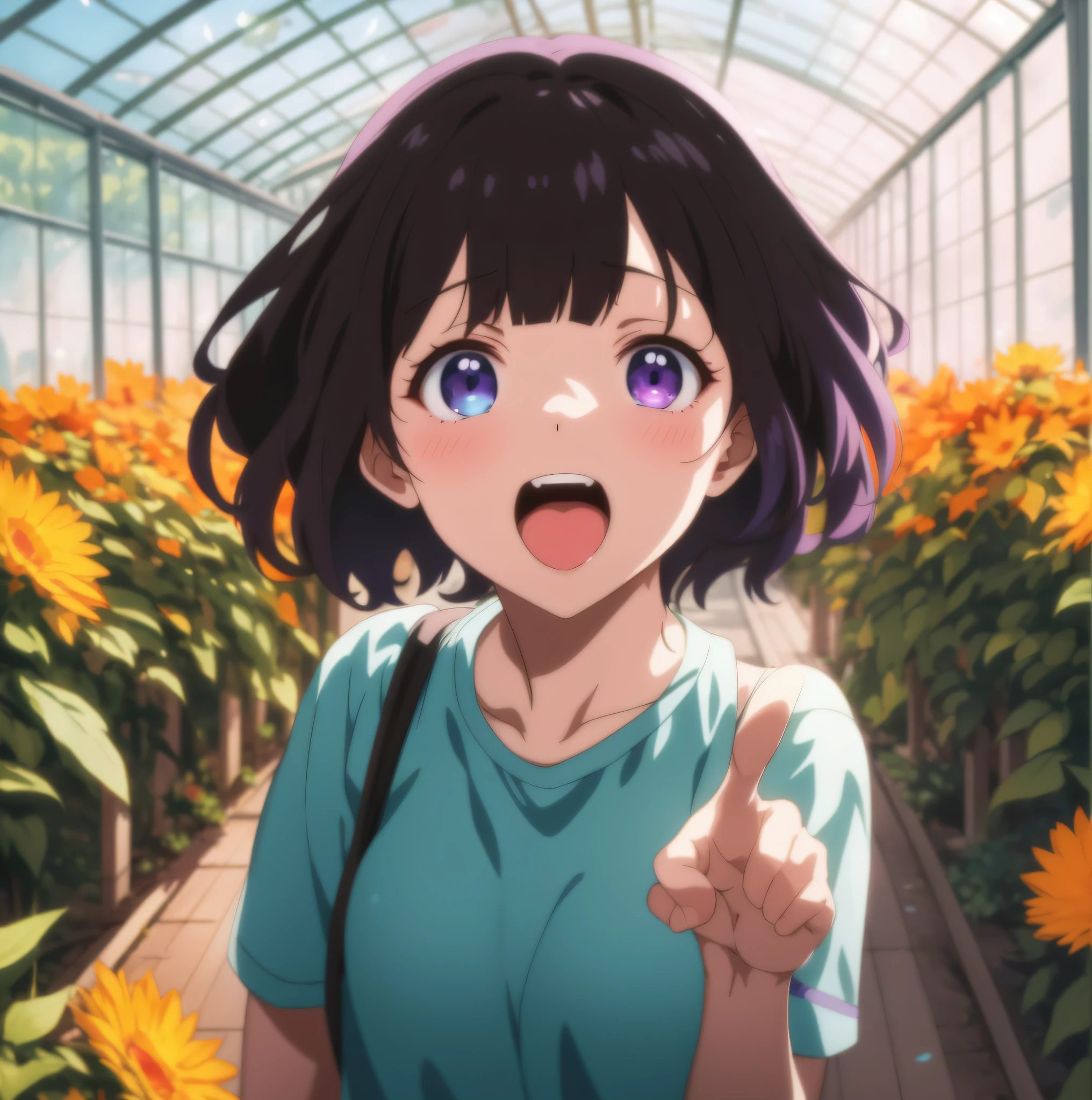 Anime girl with blue eyes in a greenhouse with flowers, (Purple Left Eye:1.2), Lofi Girl, artwork in the style of guweiz, anime moe artstyle, anime style 4 k, Anime Aesthetics, Anime style. 8K, lofi art, anime art style, lofi portrait, lofi artstyle, digital anime illustration, anime visual of a cute girl, anime vibes