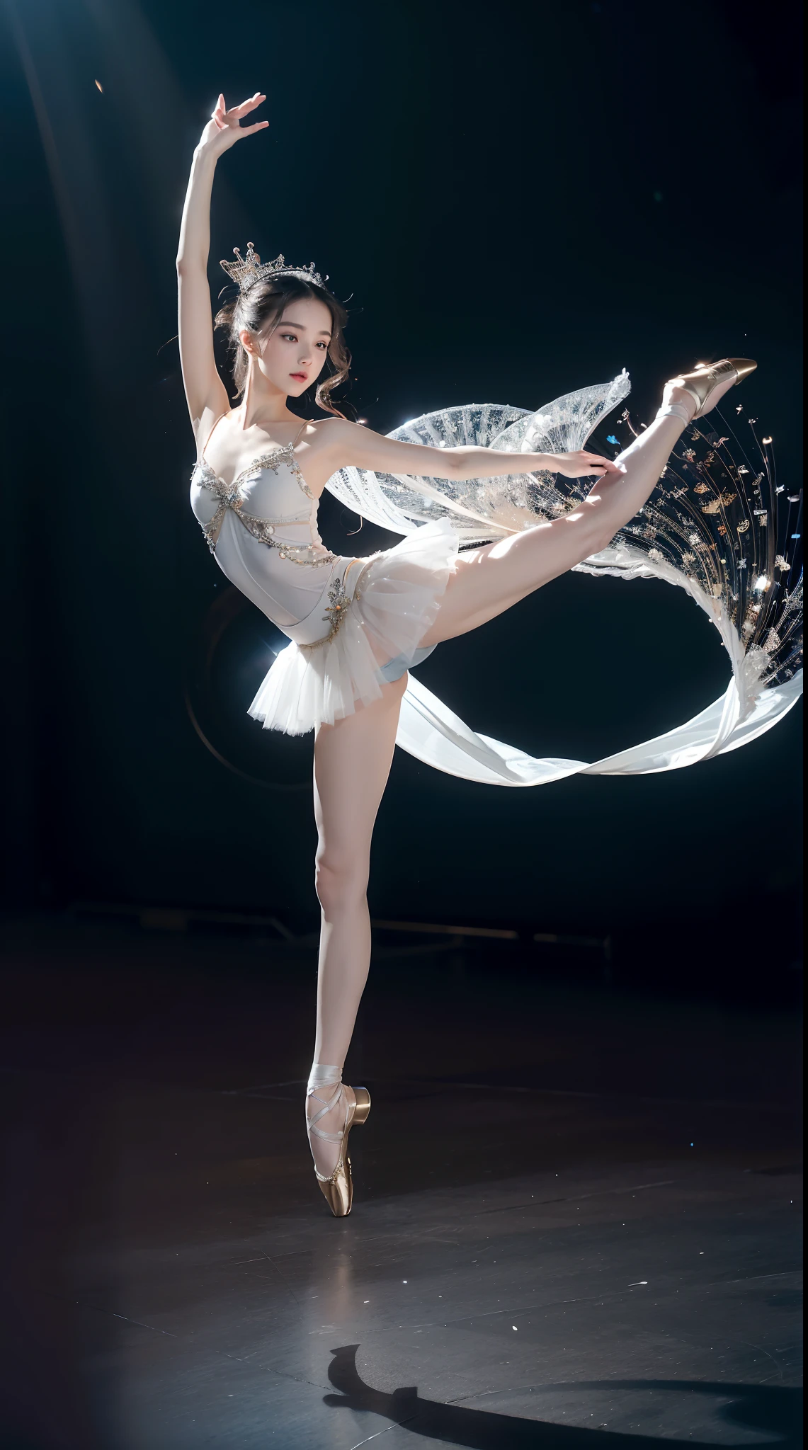 high quality, 8K, realistic,photo realistic,RAW photo,photography,High resolution, ultra-definition, highest quality,Dramatic lighting,glitter effect,
break,

A prima donna girl gracefully dances ballet on a mysterious lake with no one around.、acrobatic pose、1 girl、((white tutu)),semi-long hair,black hair,black eyes、Beautiful feet、