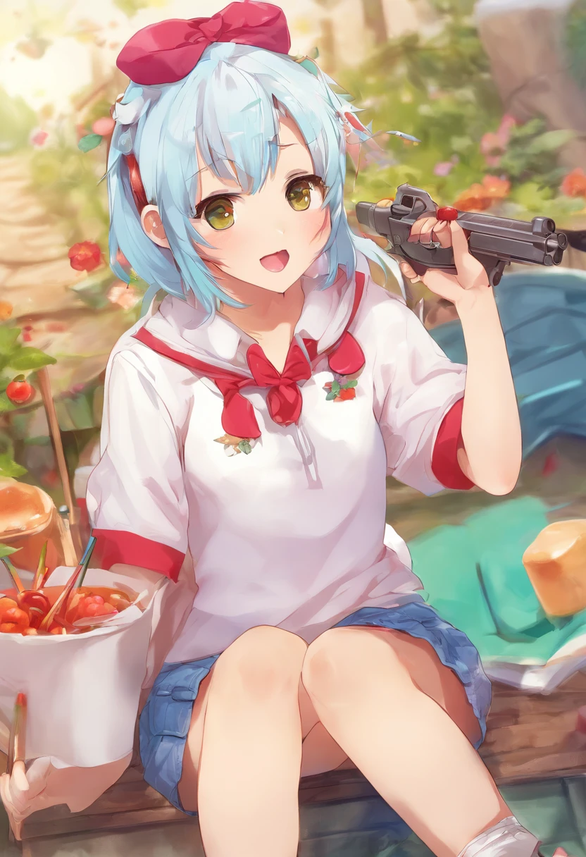Best Quality,masutepiece,超A high resolution,(Photorealistic:1.4)1girl in,White background,Solo,Blood,arm guards,Simple background,Male Focus,Looking at Viewer,Black eyes,tabi,floating hairfull body,, (gun:1.3), holding gun, Dirty Blonde,,Upper body,Cargo Shorts,Sitting,