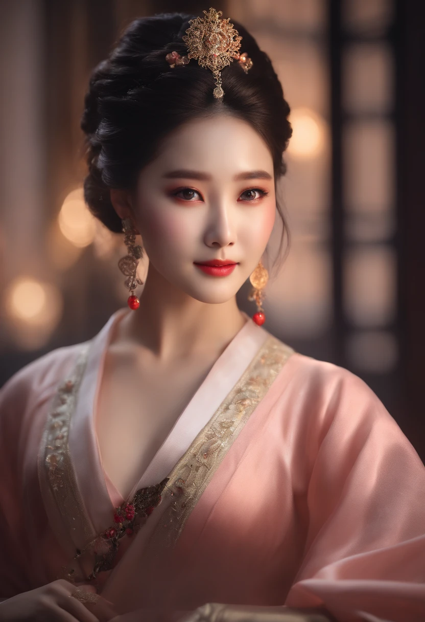 Superb Quality, Masterpiece, High Resolution, 1Girl, Blush, (Seductive Smile: 0.8), Star Eyes, Chinese Hanfu, Hair Accessories, Necklace, Jewelry, Beauty, on_body, Tyndall Effect, Realism, Shadow Room, Light Edge, Two-tone Lighting, (High Detail Skin: 1.2), 8K UHD, SLR, Soft Light, High Quality, Volume Lighting, Candid Photo, High Resolution, 4K, 8K, Background Blur, Light Tulle,