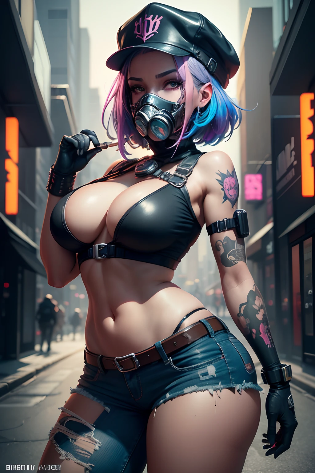 stunningly beautiful citypunk girl, beautiful face, white colored stained t-shirt, colored stained short denim pants, colored stained hat, inkpunk, wearing a gas mask, colorful graphiti style, digital illustration, sharp lines, sharp focus, illustrative style, comic style, disney style, sticker, colorful paint strokes background, colorful splash background, amazingly detailed, amazing art, graphiti style, cleavage, Beautiful Face, Ominous cyberpunk Theme, Fiverr Dnd Character, Octane Render, Digital Art, Extreme Detail, 4k, Ultra Hd, Polished, Beautiful, Hyperdetailed, Intricate, Elaborate, Meticulous, Photorealistic, Sharp Focus, Wlop, Character Design, Unreal Engine, 3d Rendered, Volumetric Lighting, Reflections, Glossy, Digital Illustration, Sensual Pose, Suggestive Pose, Lewd, Full Body Shot, anatomically correct, 💖❤💕💋❣