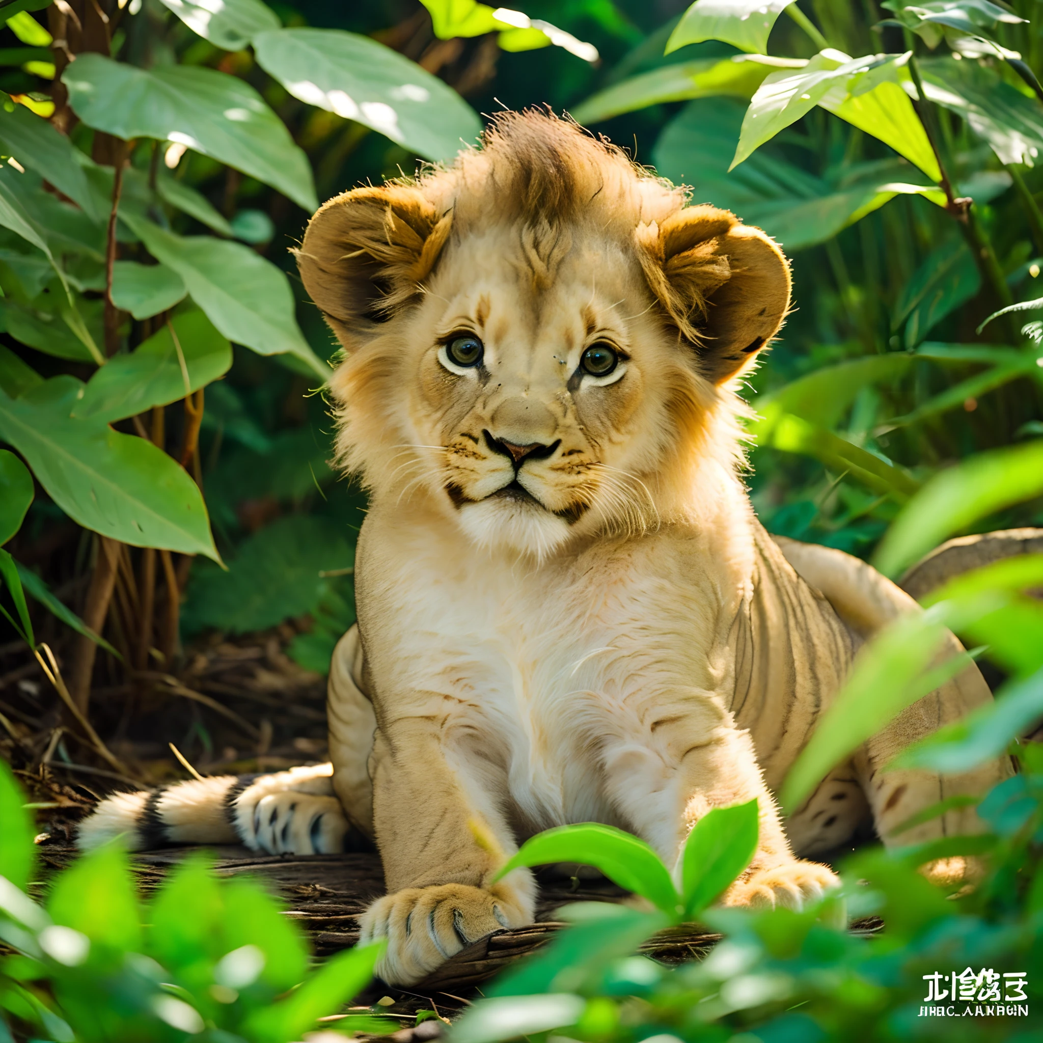 ((There is a baby lion in the jungle))、((Very cute))、Soft、Beautiful,、Soft sunshine、The jungle is colorful、high-level image quality、Ultra-detailed and precise、Masterpeace、super detailing、