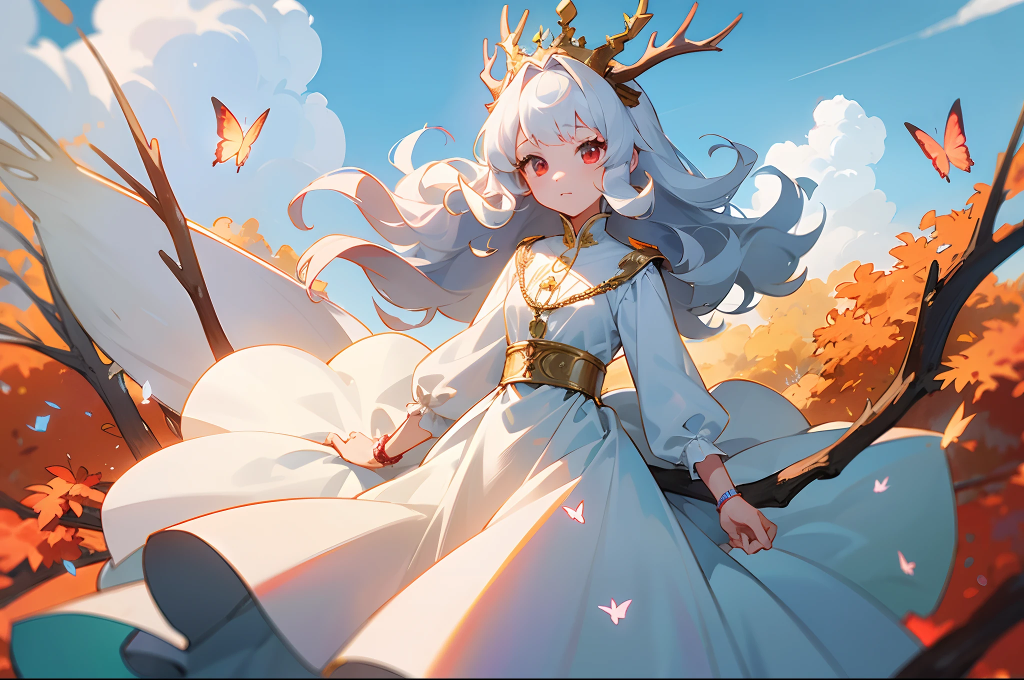 s girl,white color hair,curlies,Elk antlers,red color eyes,Golden crown,Princess dress,ln the forest,Butterflies in the air,with blue sky and white clouds