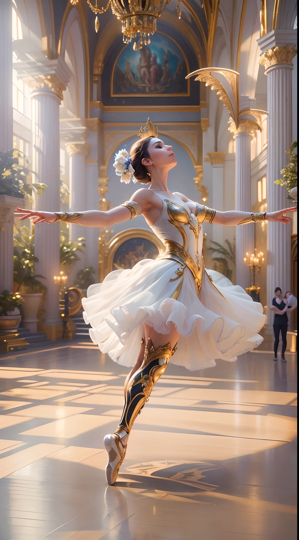 (Best quality,4K,8K,A high resolution,Masterpiece:1.2),Ultra-detailed,Mechanical ballet dancer,Classical ballet performance,Mechanical limbs,Beautiful ballet movements,Precise pointe work,Elegant tutu and ballet slippers,Soft and flowing tutu,Ethereal atmosphere,magical lighting,Vivid colors,Sparkling tiara,Superb mechanical joint movement,Dance in a surreal garden,Rotate spin,Breathtaking arabesque,Light jump,Enchanted expression,Mechanical wings,A calm and delicate posture,Elaborate gears,Precise synchronization of movements,Smooth and seamless transitions between dance sequences,Mesmerizing and captivating performances,Ethereal musical accompaniment,A mechanical marvel in motion,Mesmerizing pointe technique,Floating and weightless movements,Delicate and precise footwork,Exquisite balance and control.