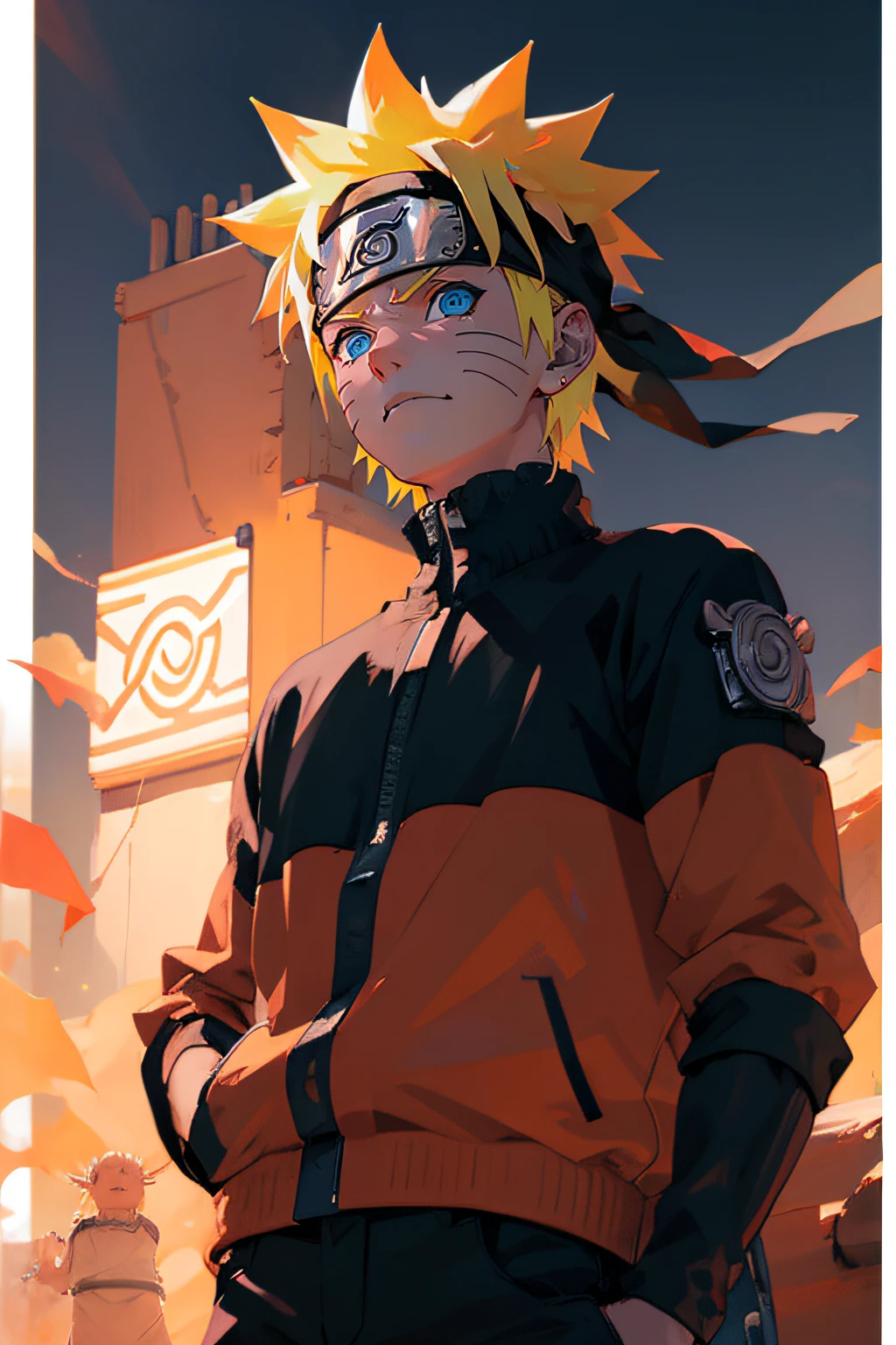 portrait, neon, 1 boy, shonen style, spiky blonde hair, scratches on cheeks, black and red clothing, leather jacket, jeans, boots, bandana, cool, blue eyes, full body, color --name Naruto Uzumaki --desert background with pyramids and camels