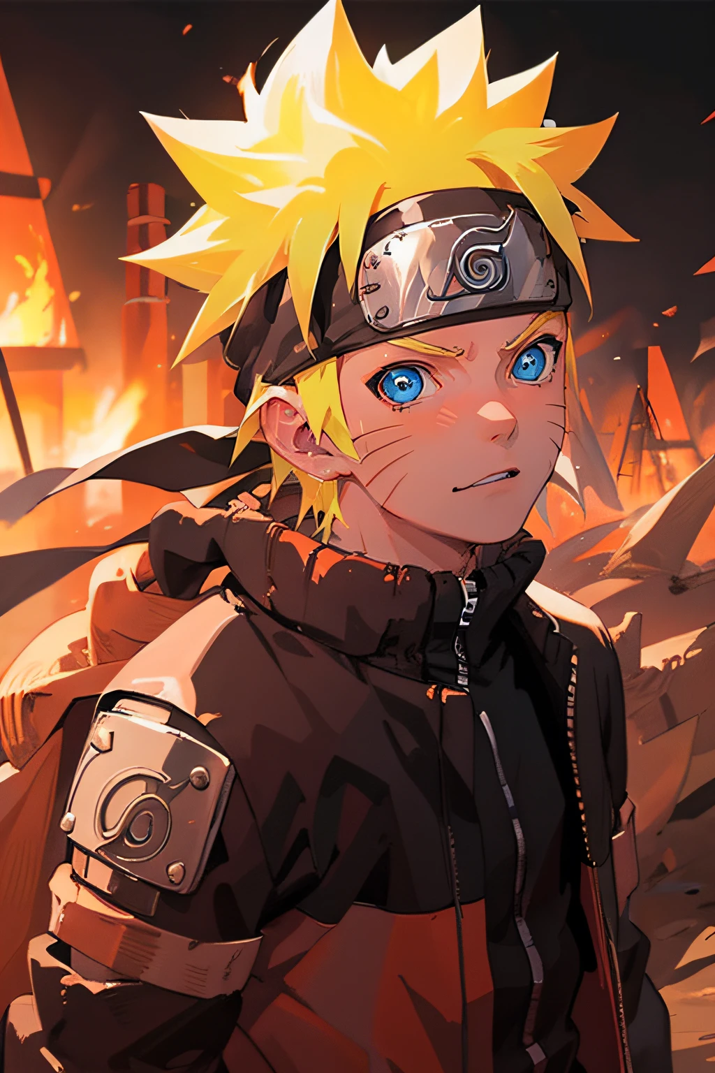 portrait, neon, 1 boy, shonen style, spiky blonde hair, scratches on cheeks, black and red clothing, leather jacket, jeans, boots, bandana, cool, blue eyes, full body, color --name Naruto Uzumaki --desert background with pyramids and camels