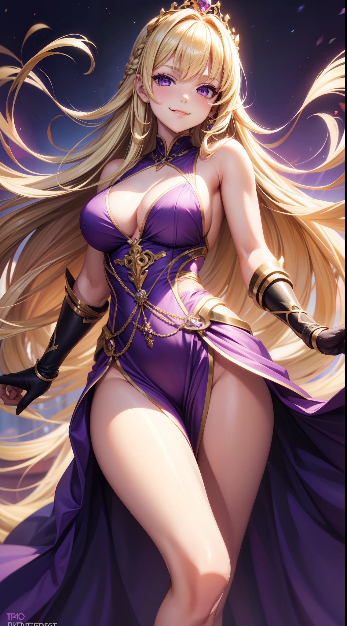 young girl, long blonde hair, purple eyes, princess dress, sleeveless, open breasts, smirk, open legs, Masterpiece, hiquality, 4k, HD, Good detail