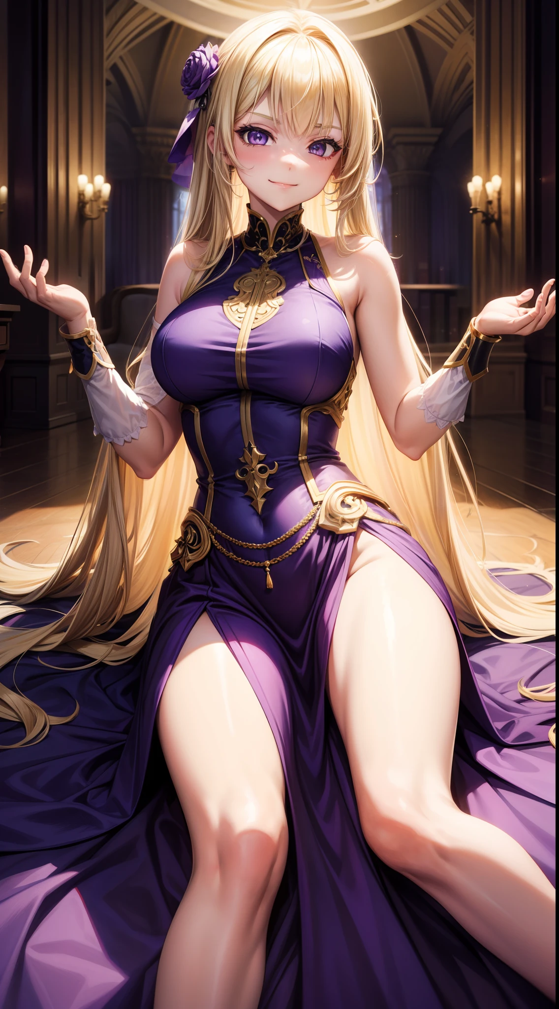 young girl, long blonde hair, purple eyes, princess dress, sleeveless, open breasts, smirk, open legs, Masterpiece, hiquality, 4k, HD, Good detail