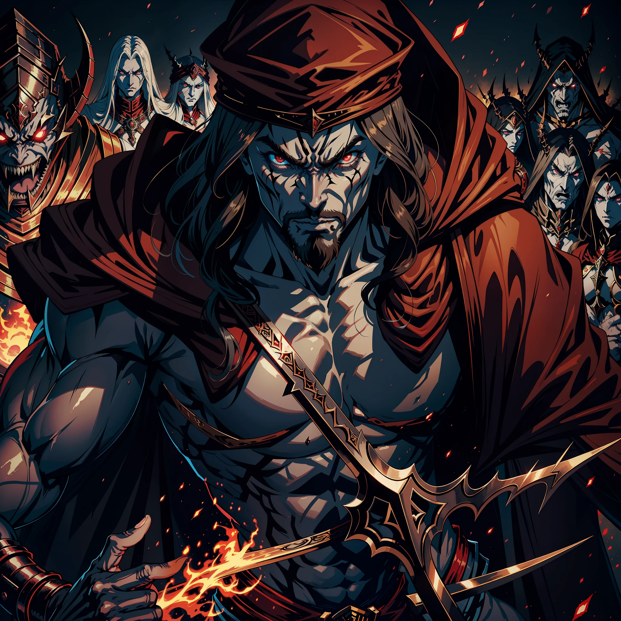 Castlevania Hyper Realistic Shadow Lord Super Detailed Dynamic Shooter Lord Dracula Centerpiece Medieval Arab Warrior with Red Turban Scary Face Hokuto No Ken Structure Muscular Face Kenshiro Leading Troops Army of Demons to Fight Sharp Details Cinematic Scenes Epic Movie Legendary Movie Hyper Realistic Portrait Zoom
