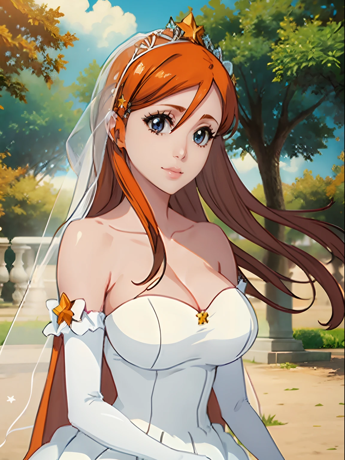 1girl hair between eyes, ahoge, brown eyes,orange hair, star \(symbol\), hair ornament, dress, cleavage, bare shoulders, collarbone, long white elbow gloves, white gloves, white dress, white choker, strapless, tiara, veil, strapless dress, wedding dress, bridal veil, beautiful woman, perfect body, perfect breasts, wearing a wedding dress, ball gown, in the park trees, wedding decorations, a in love smile, realism, masterpiece, textured skin, super detail, high detail, high quality, best quality, 1080p, 16k
