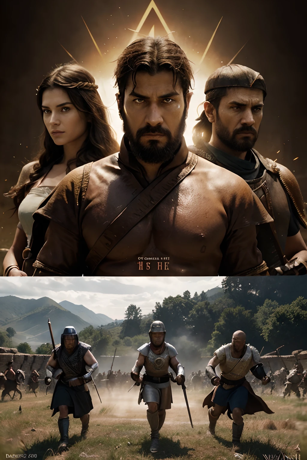 Please create an image with maximum quality in the style of a Microsoft Age of Empires 2 game poster cover. The composition should include a villager in the foreground, a Roman warrior on the left, and a monk on the right. The characters should be in dynamic poses, engaged in an epic battle scene. Ensure that the details of the characters and the background are sharp and realistic. The style of the image should be cinematic, with vibrant colors and a sense of drama and action. Please make sure the final image has a high enough resolution to be used as a high-quality poster cover