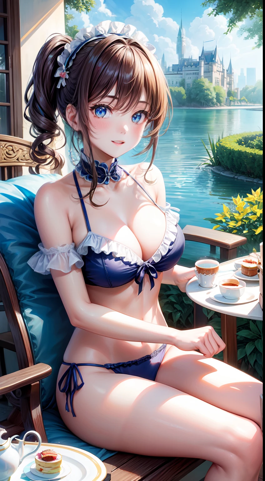 hight resolution, top-quality,  ultra-quality, The ultra-detailliert, lighting like a movie、Girl in ruffled bikini enjoying afternoon tea in castle garden、