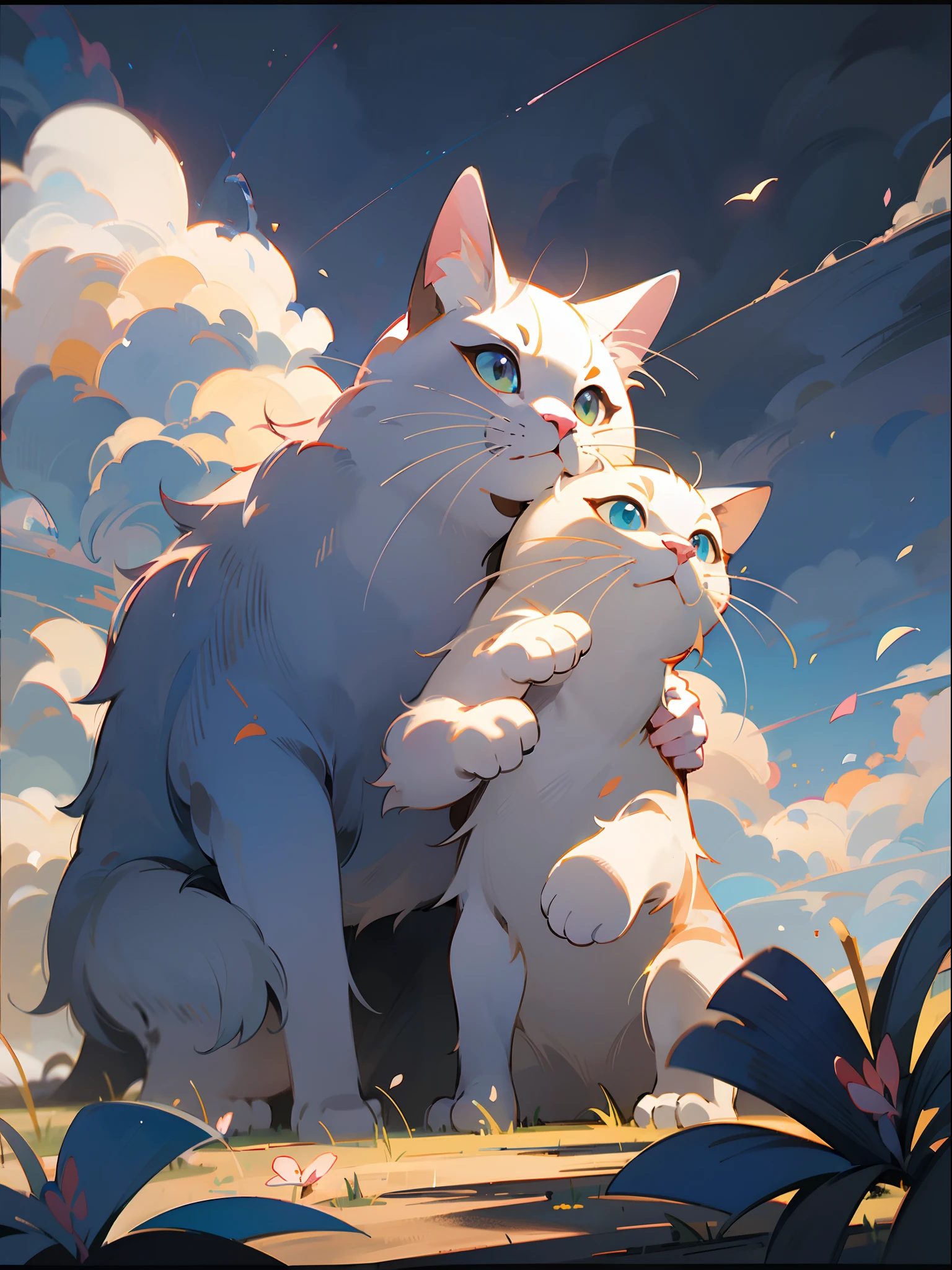 Cute white puppet cat, Hayao Miyazaki dream style, surrealist animal illustration, outdoor, sky, white clouds, bow, flowers, meiji art, light color color painting, rich layers, realistic figurative painting, realistic hyper-detail portrait style, neo-traditional japan, soft edges, fantastic illustration, (very detailed CG unity 8k wallpaper), clean background, natural light, best quality, hyperdetail