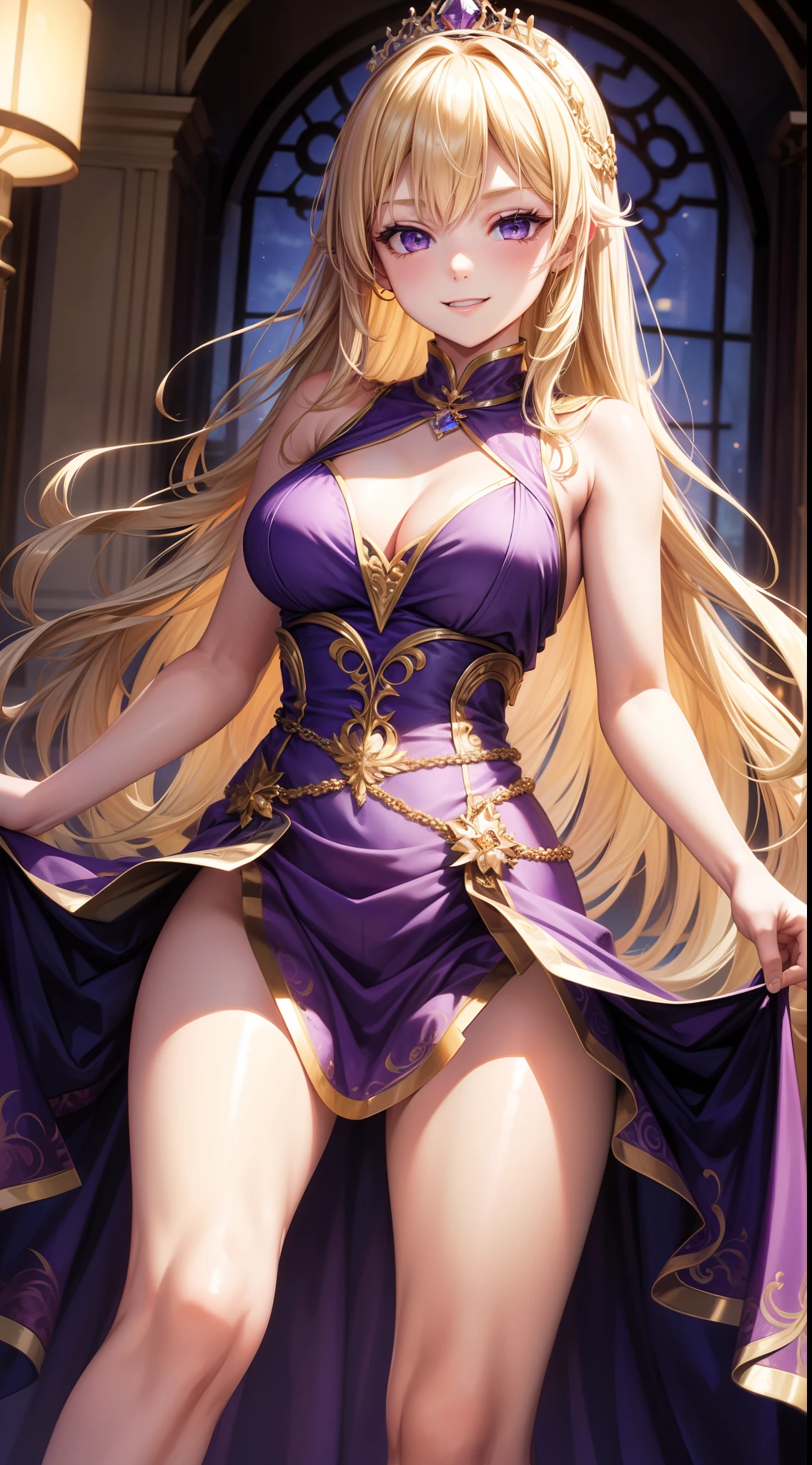 young girl, long blonde hair, purple eyes, princess dress, sleeveless, open breasts, smirk, open legs, Masterpiece, hiquality, 4k, HD, Good detail