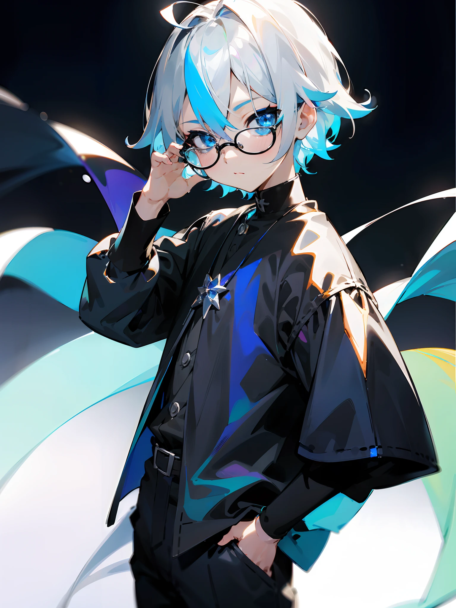 (Male child、Black glasses、blue eyess、 silber hair、a cool),独奏,cowboy shot,Iridescent background