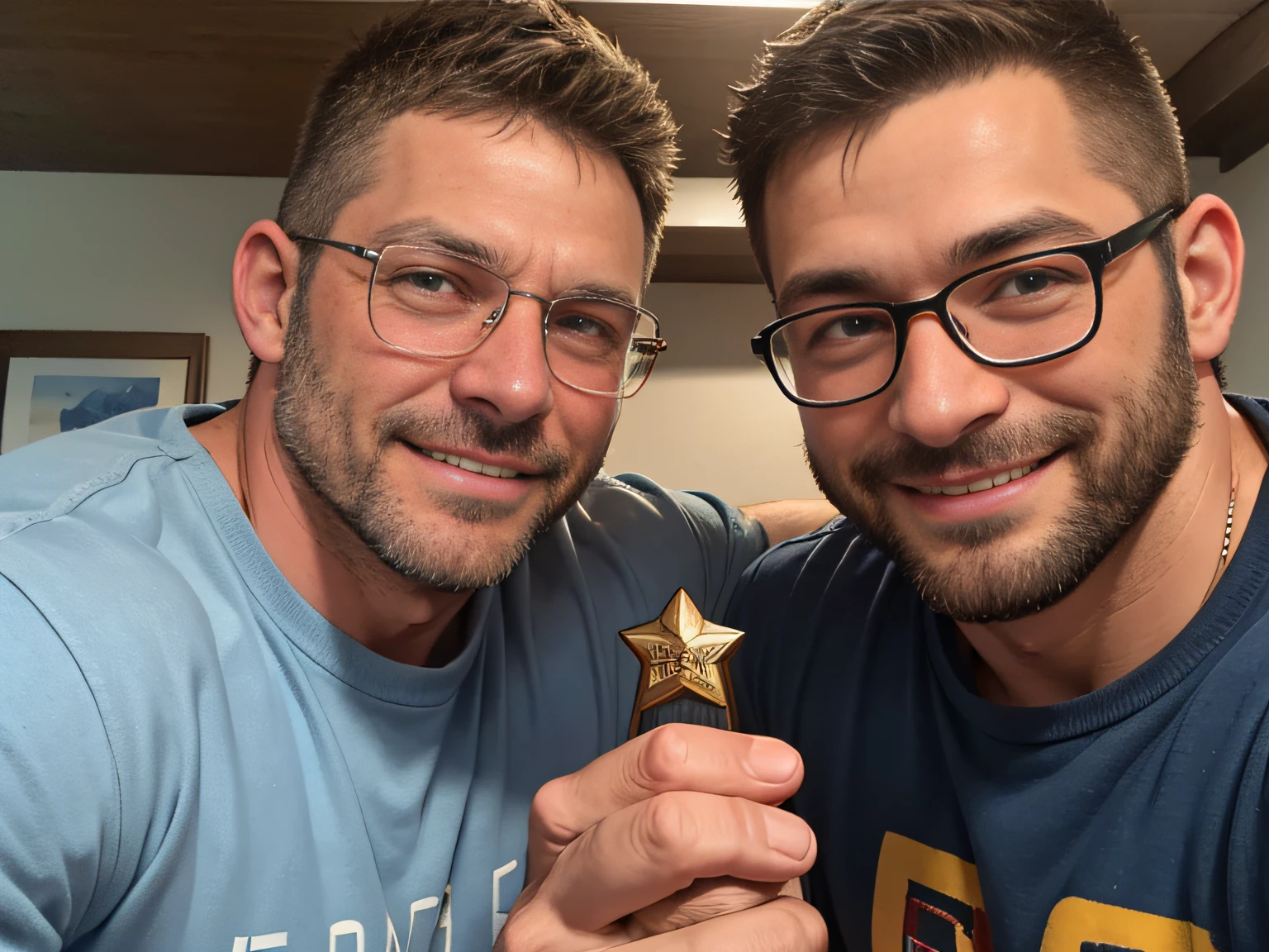 Award-winning original photos,2men, a 30 years old man and wild muscular man, (40 years old daddy:1.1), short beards, burly, hunk, wearing shirts, looking at each other, smilling happily, glasses, detailed, lovely, closeup