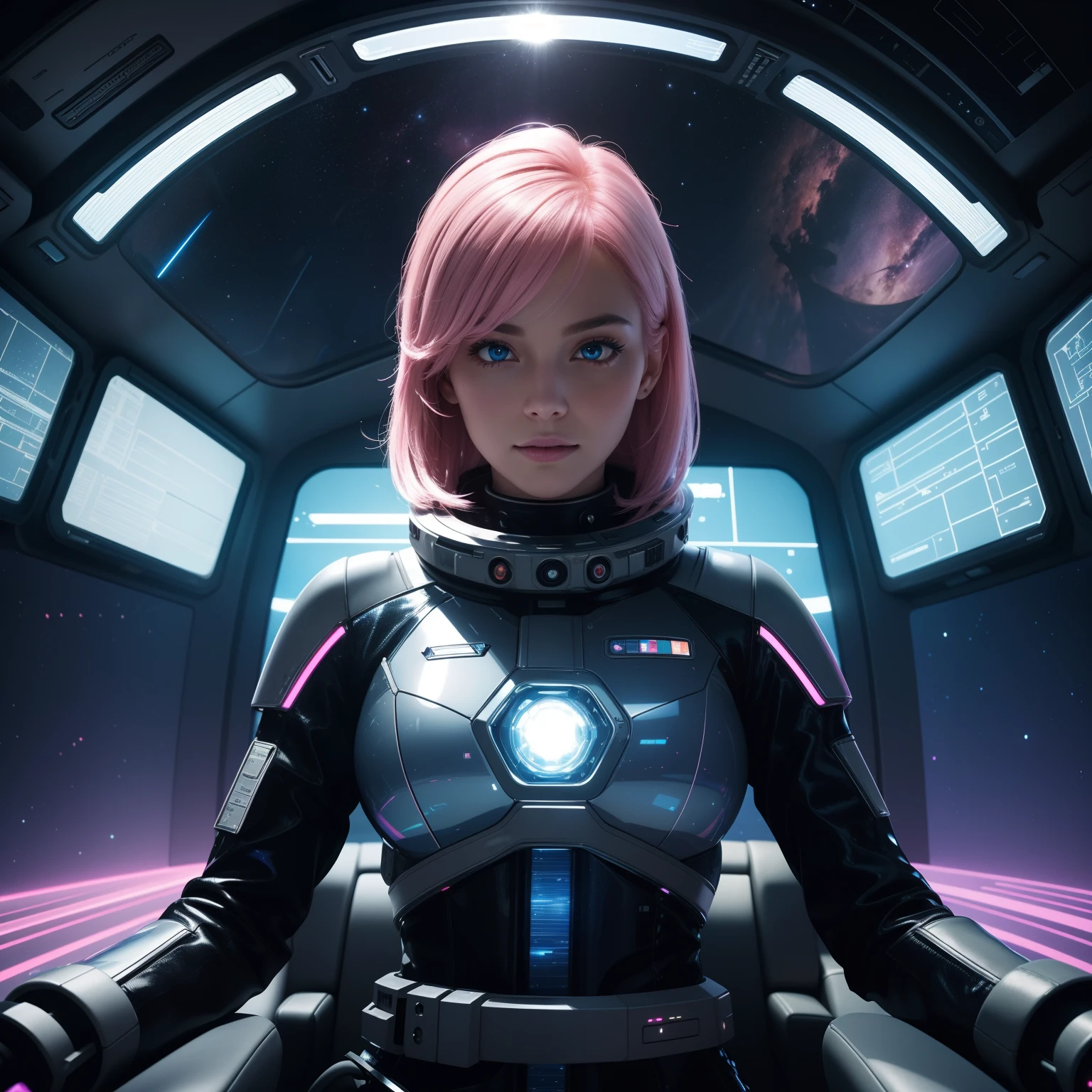 (best quality,4k,8k,highres,masterpiece:1.2),ultra-detailed,(realistic,photorealistic,photo-realistic:1.37),starship commander,pink hair,detailed eyes,detailed lips,body-contouring uniform,confident expression,strong and determined eyes,space suit,futuristic spaceship cockpit,advanced control panel,luxurious leather seat,technological interface,glass dome ceiling,star-filled background,glowing holographic displays,beautifully illuminated buttons,sharp colors,reflective surfaces,bokeh lights,sci-fi concept art
