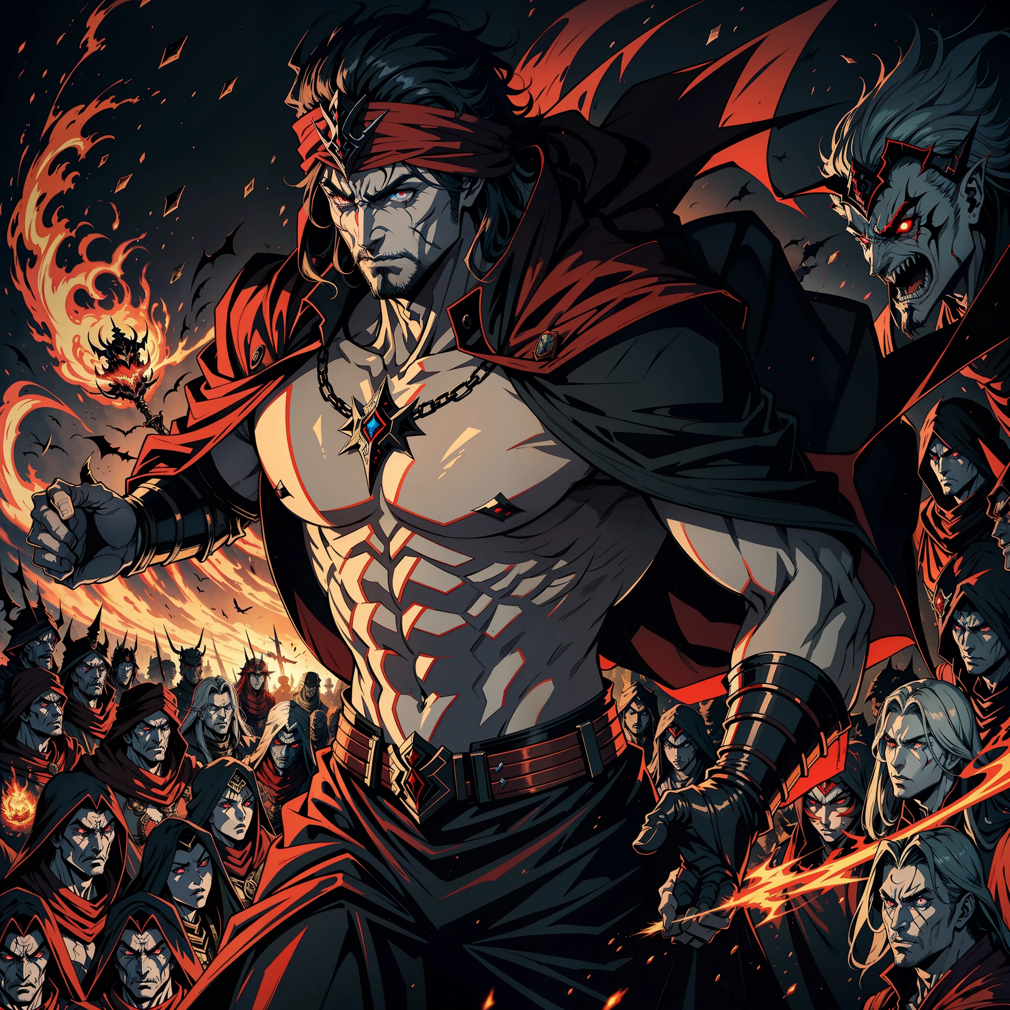 Lord Dracula muscular handsome warrior long hair white red eyes medieval crystal return to his castle victorious with his troops demon armed at noon hyper realistic super detailed dynamic shot centerpiece cinematic scene scenes epic legendary movie correct proportions correct anatomy correct poses hyper realistic super detailed