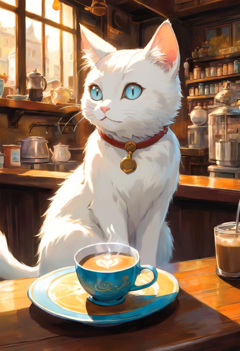 White cat drinking coffee in a coffee shop、art by [by Esao Andrews]
