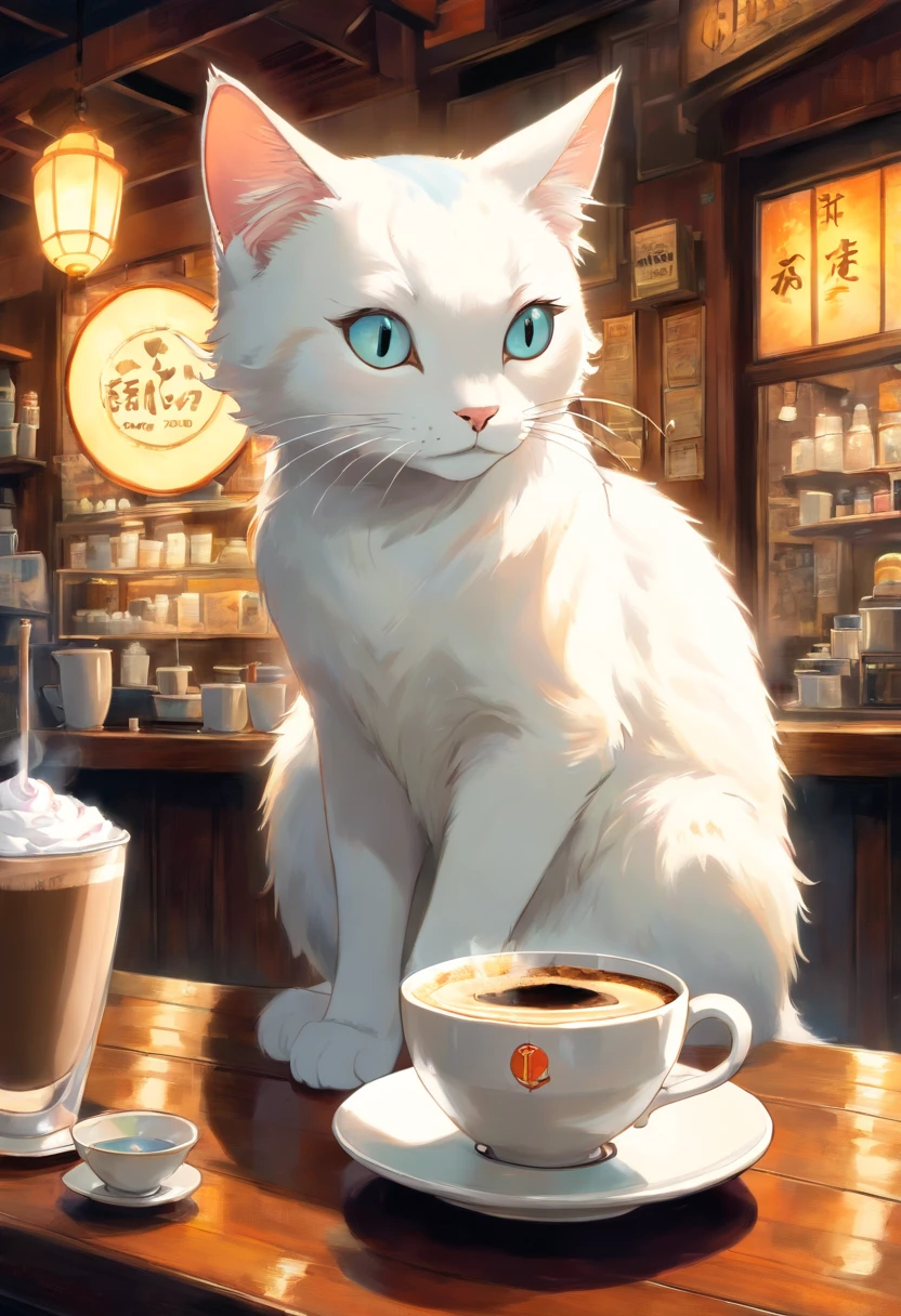 White cat drinking coffee in a coffee shop、art by [by Esao Andrews]