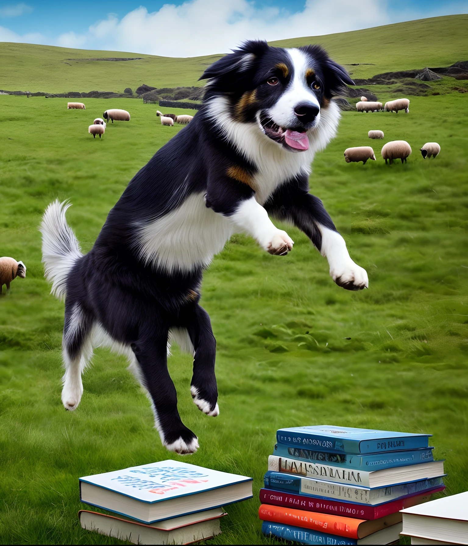 An aussie shepard dog leaping over a table of drugs and books, into an irish prairie full of sheep