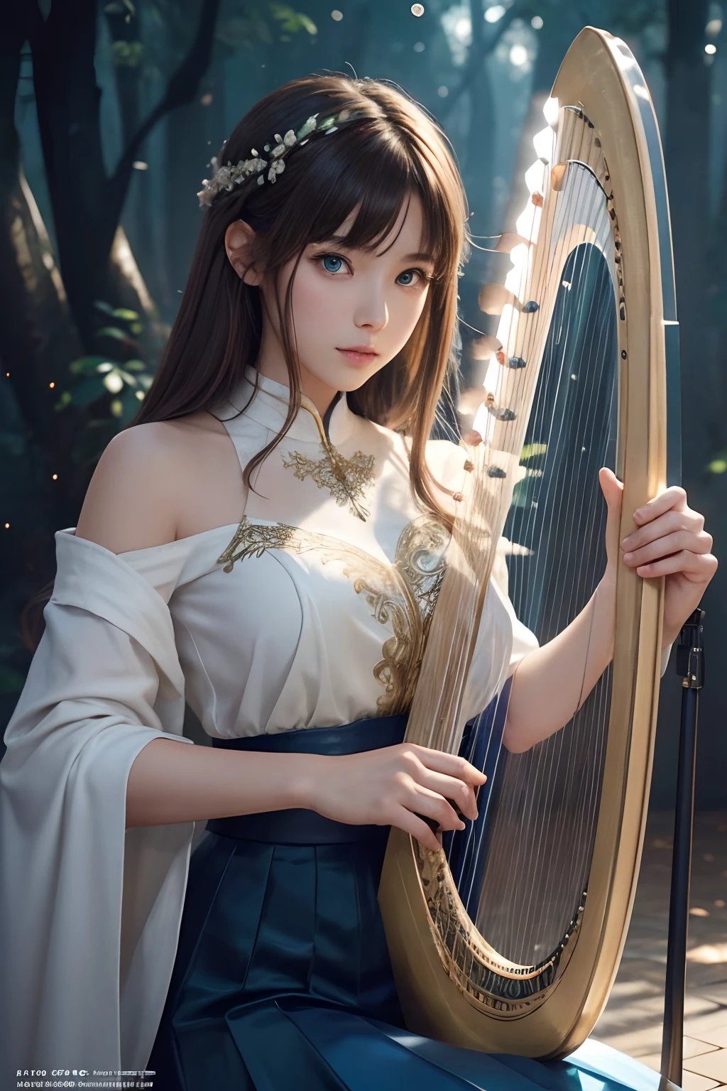 hightquality、8K Ultra HD、fullllbody、A 16-year-old female harpist is playing the harp、robe blanche、Light brown hair、Blue eyes、(The background is a wonderful healing forest)、cute little、Beautiful fece、portlate、A kitten、Art by Alberto Sebeso、Symmetrical、Abstract art style、Complex and intricate watercolor painting 、digitial painting、explosion of colors、concept-art、Volumetric lighting、TanvirTamim、metal reflective、2d render、8K。 By Artgerm、Trending on ArtStation