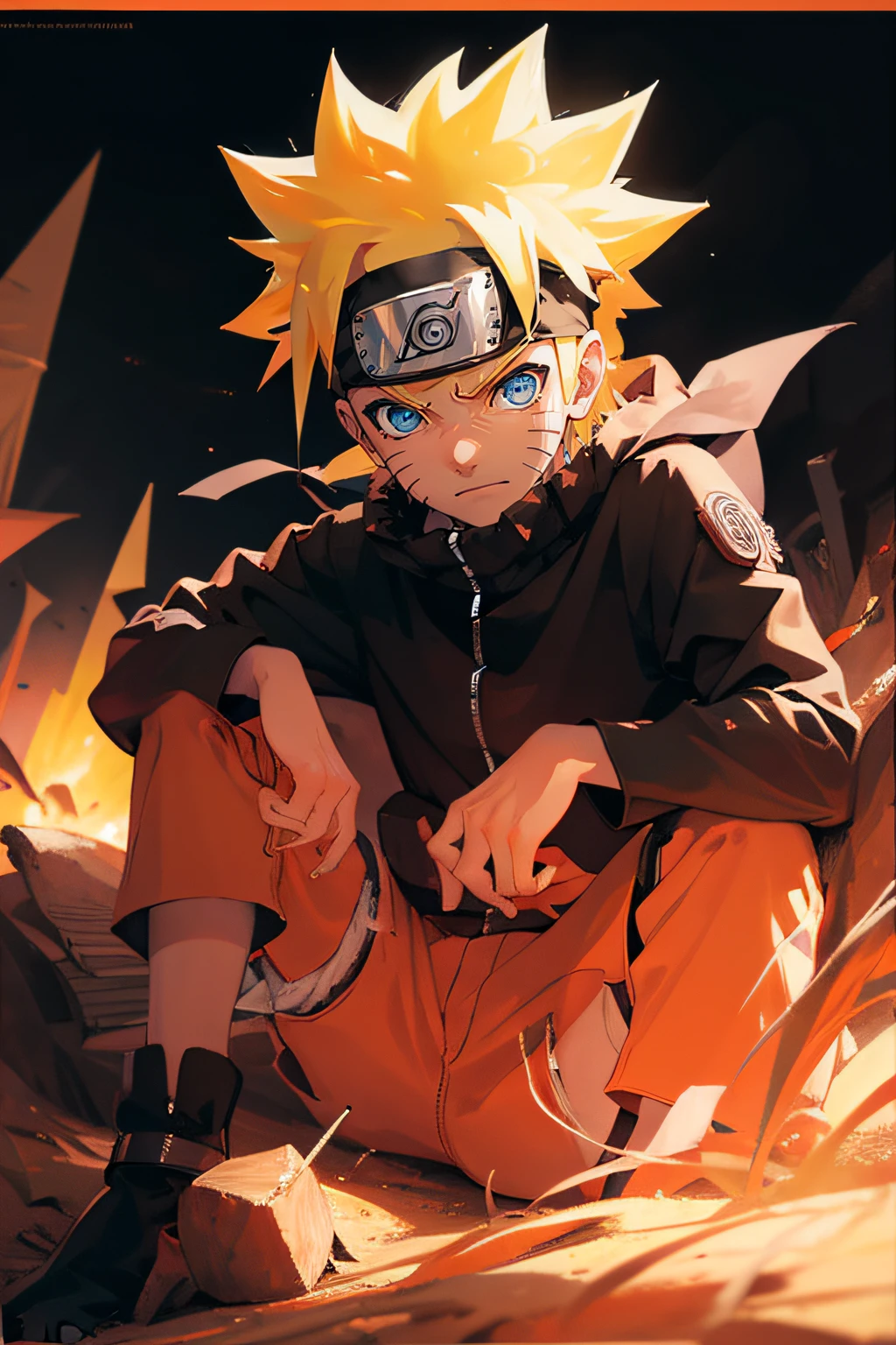 portrait, neon, 1 boy, shonen style, spiky blonde hair, scratches on cheeks, black and red clothing, leather jacket, jeans, boots, bandana, cool, blue eyes, full body, color --name Naruto Uzumaki --desert background with pyramids and camels