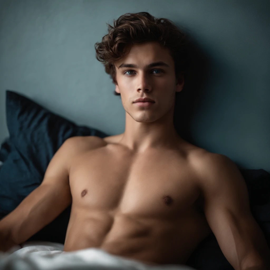 Portrait of a handsome male model, 16 years old, Shirtless, barechested, No beard, With dark messy wavy hair, Super light blue eyes, thick lips, defined muscles, Fit, ripped body, Full body shot, Super best detail face, Dermatic Lighting, Dim light, Tight boxer briefs, tight underwear, Briefs, Tight, Lying on his back on the bed, Legs open