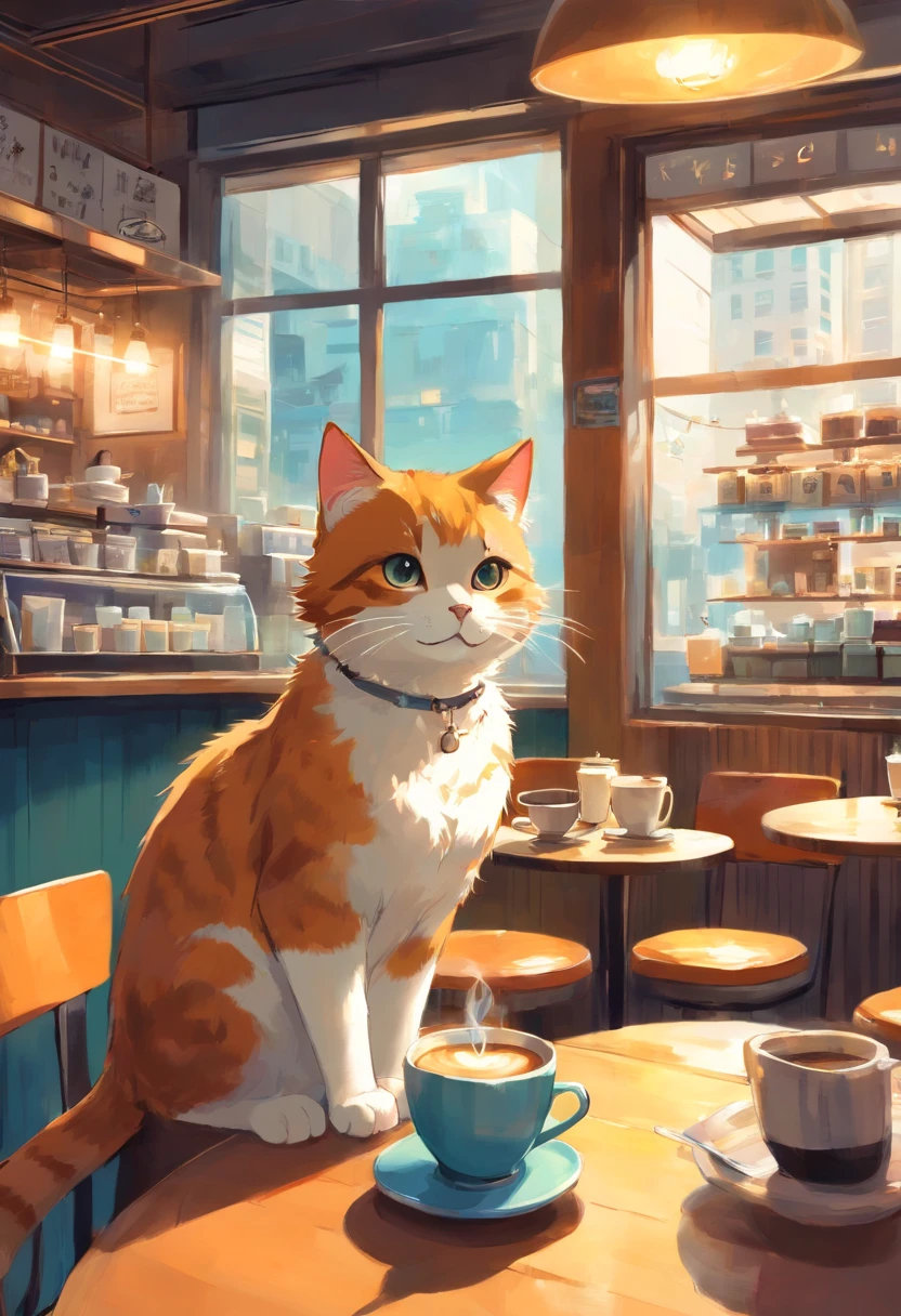 Cat drinking coffee in a coffee shop、art by [by Esao Andrews]
