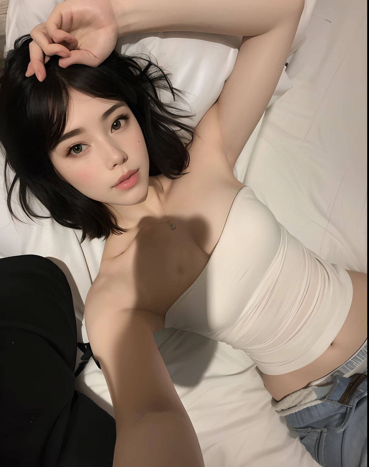 There is a woman lying on a bed with her hands on her head, with pale skin, pale fair skin!!, na minha cama, soft pale white skin, pale white skin, pale snow white skin, posando na cama, deitado na cama, na cama, pale porcelain white skin, deitado em uma cama, 2 Modelo feminina de 4 anos