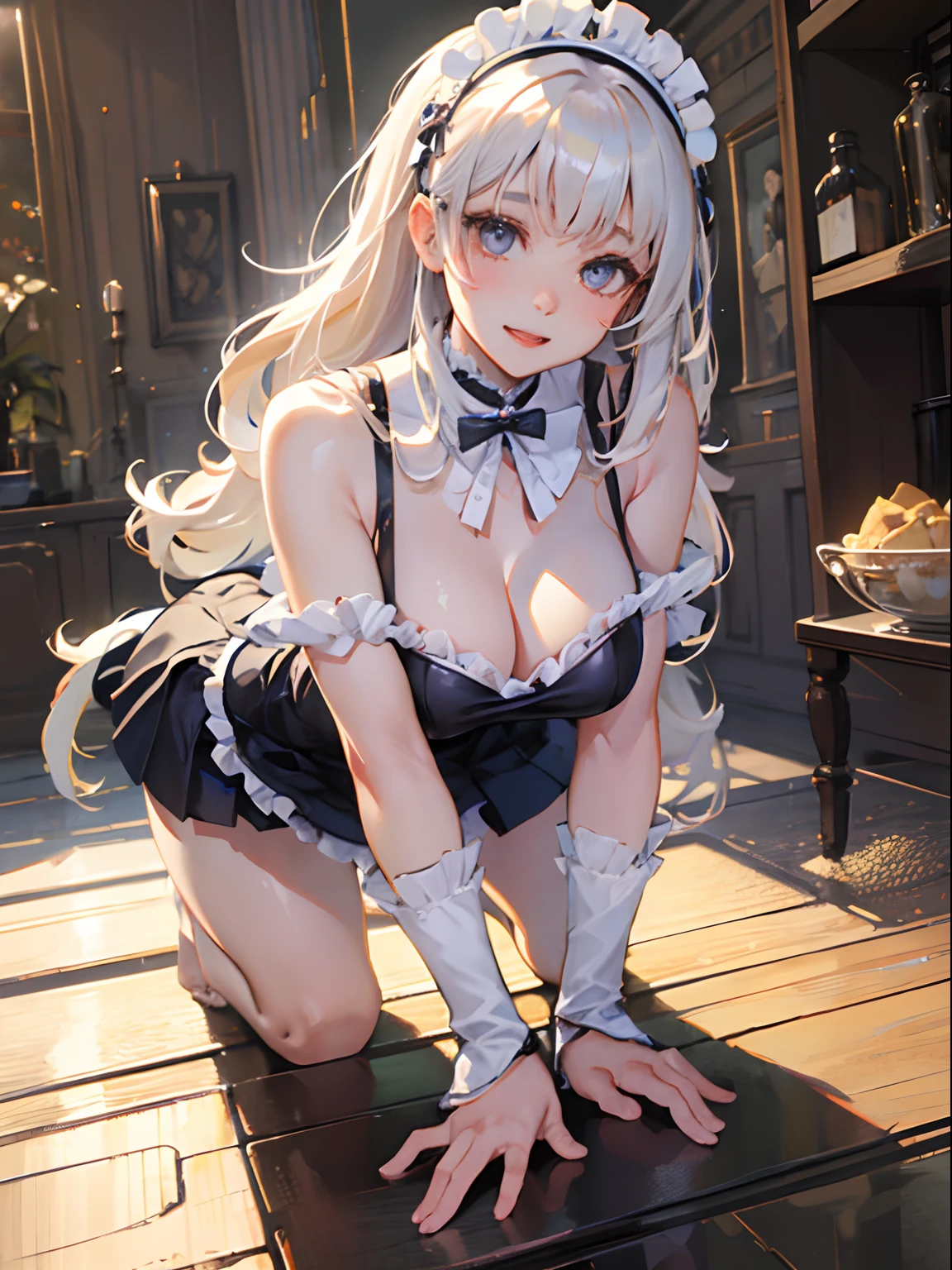 top-quality、Realistic、bule、Maid's Daughter、Super huge、big eye、long lashes、Long upper eyelashes、voluminous eyelashes、Platinum Blonde Hair、Voluminous long hair、cute little、Extraordinary beauty、shining white skin、thighs thighs thighs thighs、submissive look、Smile of obedience、Flushed cheeks、Delicate body
、thin-waist、Big ass、Not wearing pants、Very short skirt、high-detail、Sleeveless、Get on all fours and stick your butt out、full body Esbian、Thin fabric clothes、NAKED Apron