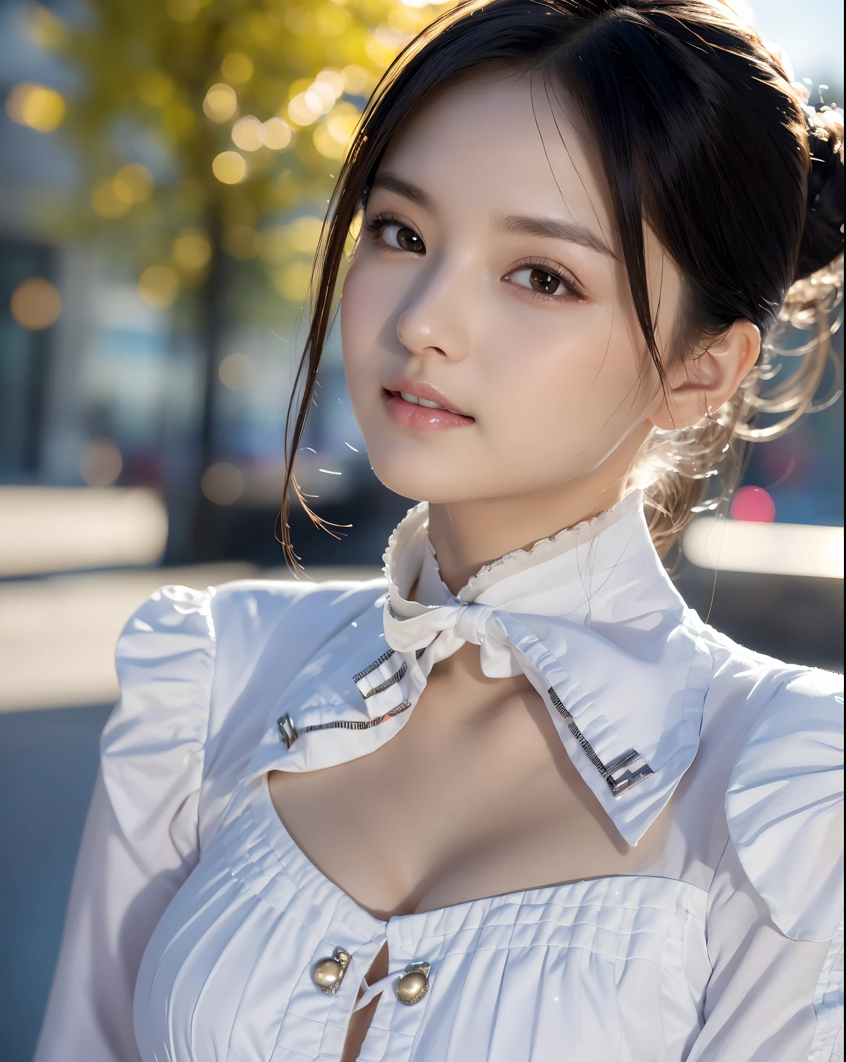 (masutepiece:1.3), (8K, Photorealistic, Raw photo, Best Quality: 1.4), Japanese, (1girl in), Beautiful face, (Realistic face), (Black hair), Beautiful hairstyle, Realistic eyes, Beautiful detailed eyes, (Realistic skin), Beautiful skin, Attractive, 超A high resolution, A hyper-realistic, Highly detailed, Golden ratio、
Show from the hips to the shoulders,
beautiful detailed skin, (cute:1.2),
(black hair),
((jpop idol)),
(upper thigh:0.6), (depth of field),soft light, Lens Glow,
looking at viewer,
(Drooping eyes:1.2),
straight teeth,smile,
floating hair, (blond hair:1.2),
brown eyes,
movie scene, cinematic, full colors, 4k, 8k, 16k, RAW photo, masterpiece, professionally color graded, professional photography,
cleavage,high school girl, hair up, consider,(sweat,sigh)1.2,(blush,open mouth)1.3,soft clean focus, realistic lighting and shading, (an extremely delicate and beautiful art)1.3, elegant,active angle,dynamism pose,
photorealistic, (one pretty girl:1.1), highres, ultra clear, sharp focus, ,cosplay, slim,
light white cloth,white hair, high ponytail,
(off-white damask pattern long sleeve shirt dress:1.3),
(thom browne design dress:1.4),
(super detailed background, detail background: 1.3), bokeh, depth of field,
China city street,
no one in the background,